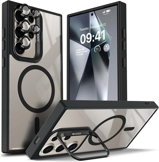 YZB Case Designed for Samsung Galaxy S24 Ultra Crystal Clear Back Cover Black | Magnetic Compatible with MagSafe, Built-in Stand, Camera Lens Protector, Anti-Yellowing, Scratch-Resistant