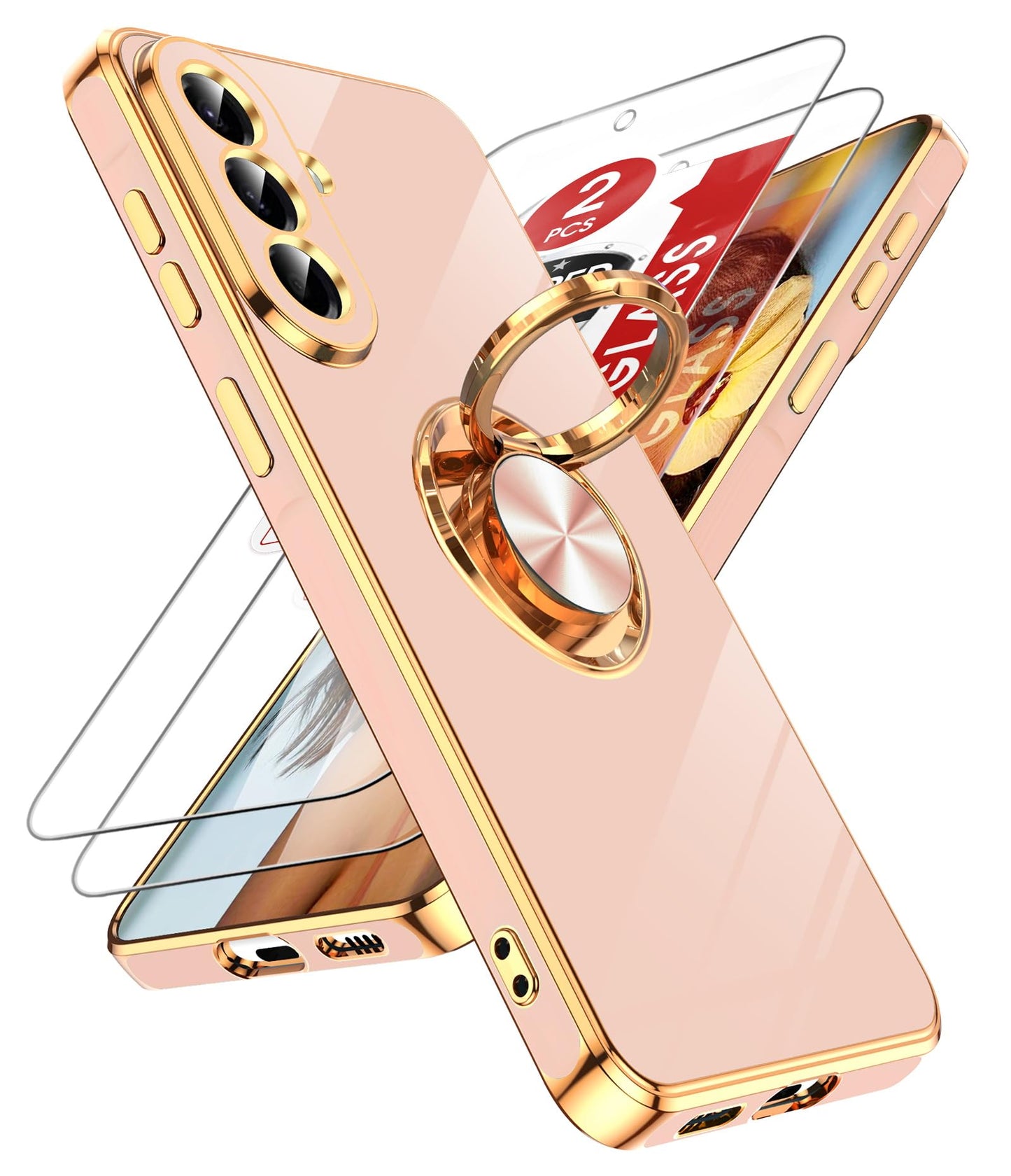 LeYi for Samsung A57 Case, 360°Magnetic Kickstand Rose Gold Plated Edge