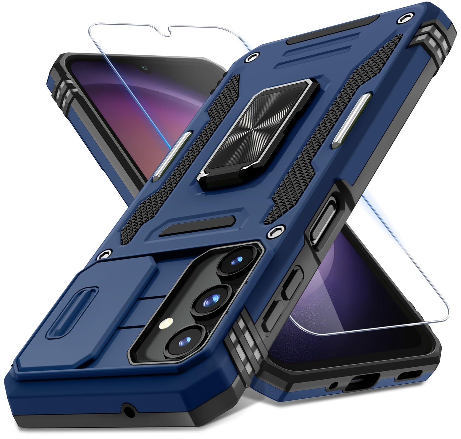 DEERLAMN Case for Samsung Galaxy A17 5G with Slide Camera Cover+Screen Protector (1 Pack), Rotated Ring Kickstand Military Grade Shockproof Protective Cover-Navy Blue