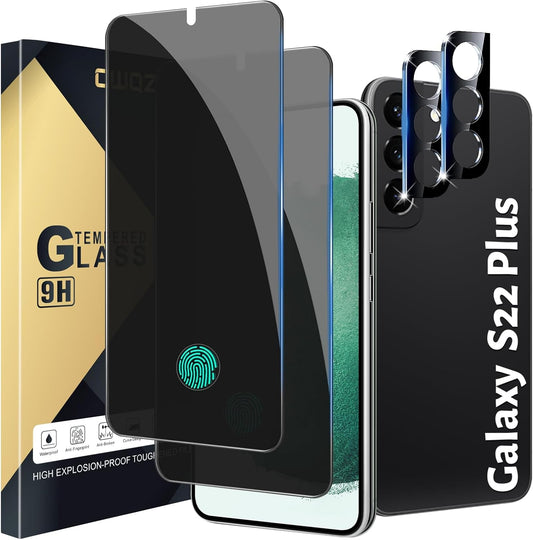 [2+2 Pack Privacy Screen Protector Compatible with Galaxy S22 Plus 5G, 2 Tempered Glass with 2 Camera Lens Protectors - HD Clear - Bubble-Free - Anti-Spy - Scratch Resistant
