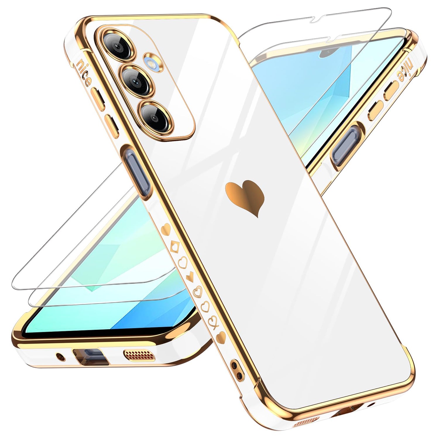 LeYi for Galaxy A16-5G Phone Case: Tempered Glass Screen Protector [2 Pcs]+ Full Camera Lens Protection,Love Heart Plating Luxury Shockproof Phone Case para Samsung A 16 5G Cute,Pink