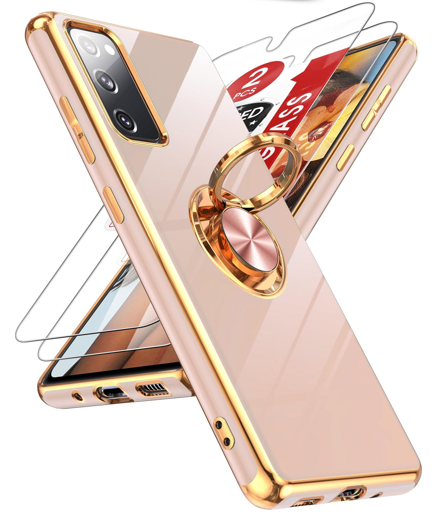 LeYi for Samsung Galaxy S20-FE-5G Case: S20FE/S 20FE Phone Case with Tempered Glass Screen Protector [2 Pack], Ring Holder Magnetic Kickstand, Plating Rose Gold Protective Case for Women Girls, Black