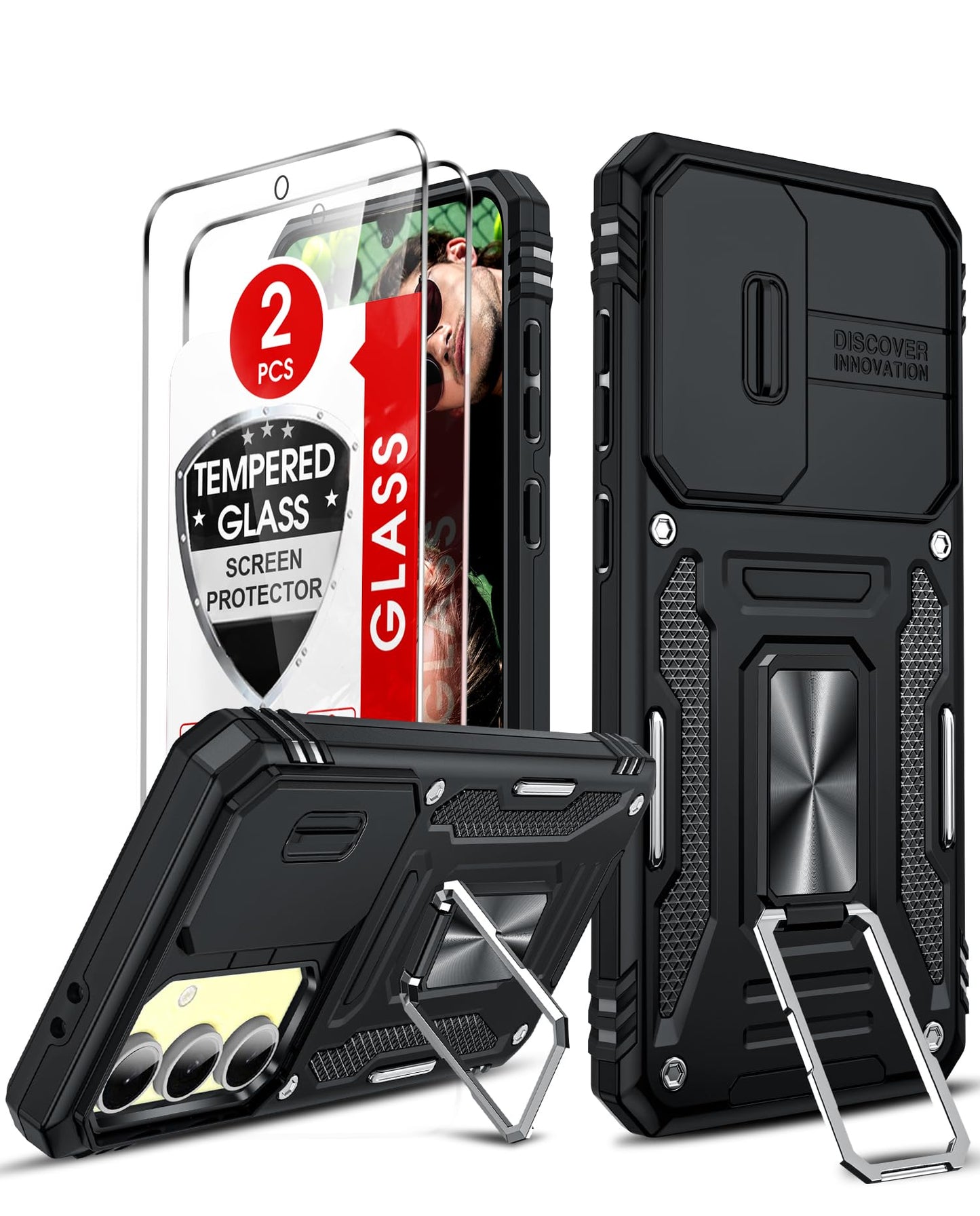 LeYi Compatible for Samsung Galaxy S24-FE Case: [𝗡𝗼𝘁 𝗳𝗶𝘁 𝗦𝟮𝟰 𝟱𝗚] Samsung S24 FE Case with S24FE Screen Protector X2 & Magnetic Stand, Military-Grade Cell Galaxy S 24 FE Phone, Black