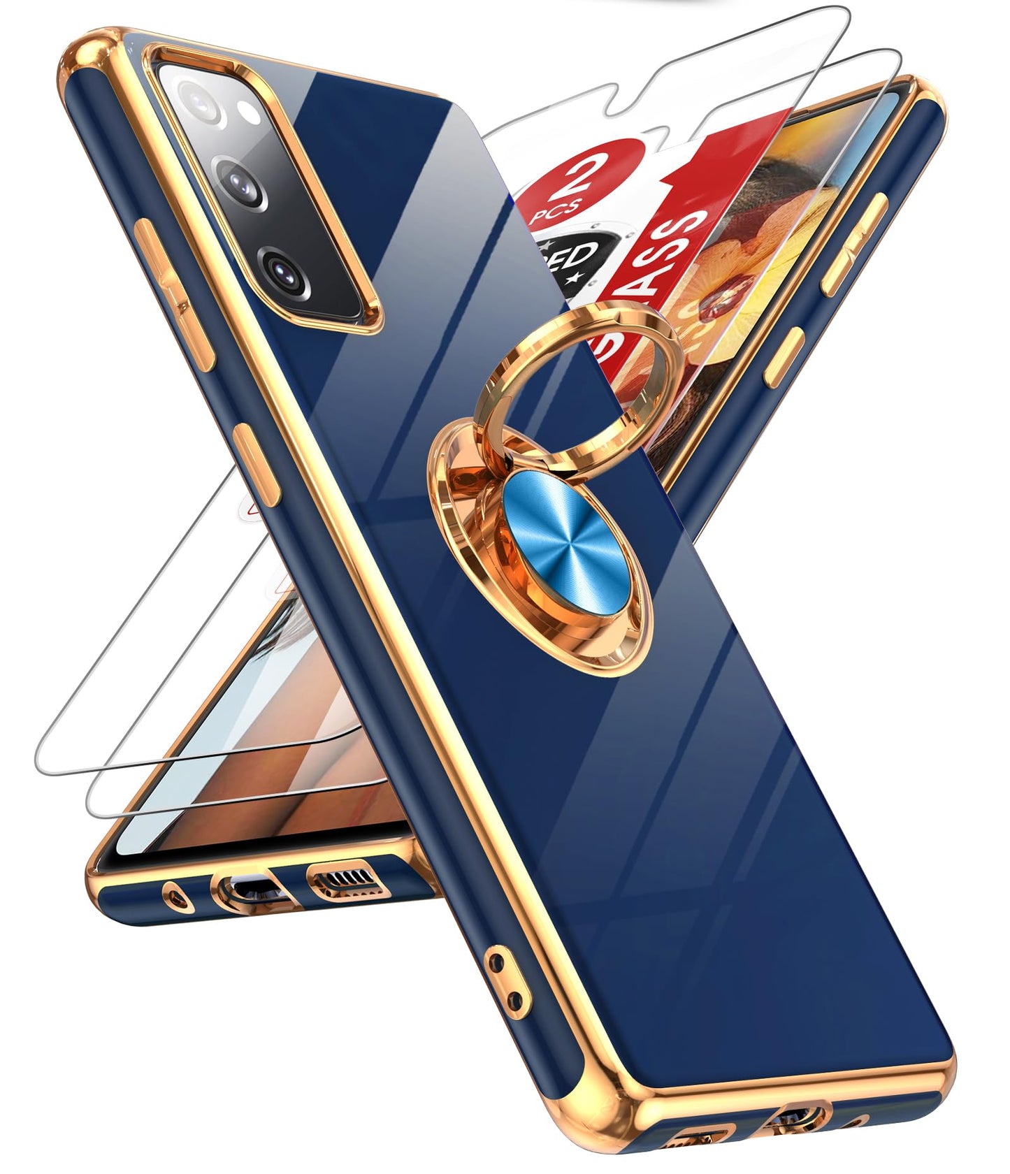 LeYi for Samsung Galaxy S20-FE-5G Case: S20FE/S 20FE Phone Case with Tempered Glass Screen Protector [2 Pack], Ring Holder Magnetic Kickstand, Plating Rose Gold Protective Case for Women Girls, Black
