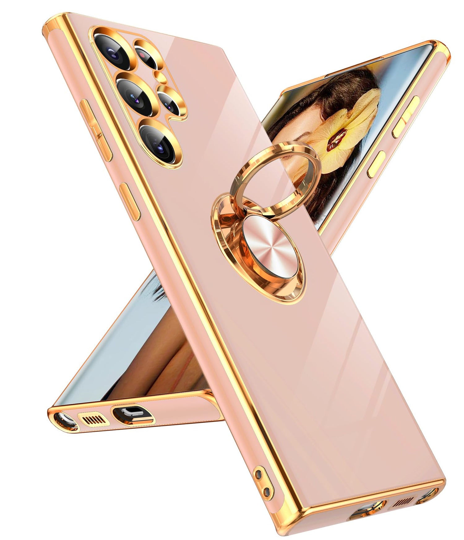 LeYi for Samsung A57 Case, 360°Magnetic Kickstand Rose Gold Plated Edge