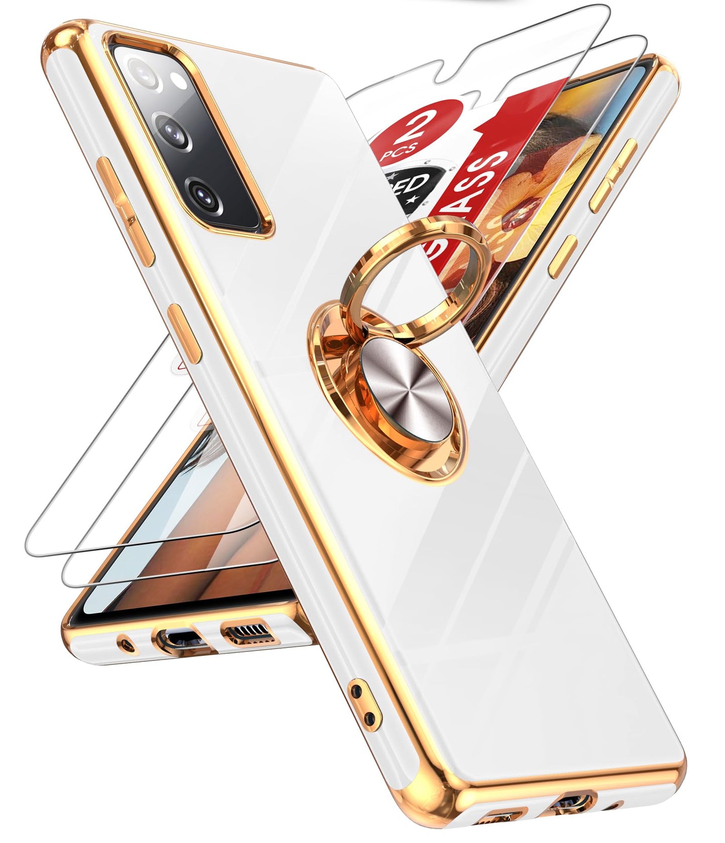 LeYi for Samsung Galaxy S20-FE-5G Case: S20FE/S 20FE Phone Case with Tempered Glass Screen Protector [2 Pack], Ring Holder Magnetic Kickstand, Plating Rose Gold Protective Case for Women Girls, Black