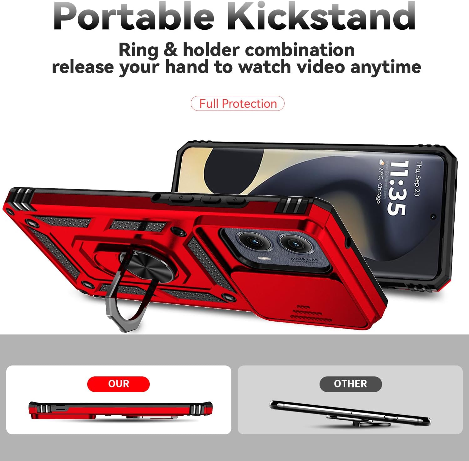 SunStory Phone Case for Motorola Moto Edge 2024 Case with HD Screen Protector & Slide Camera Cover & Rotated Ring Kickstand, [Military-Grade] Phone Case for Moto Edge 2024 (Red)