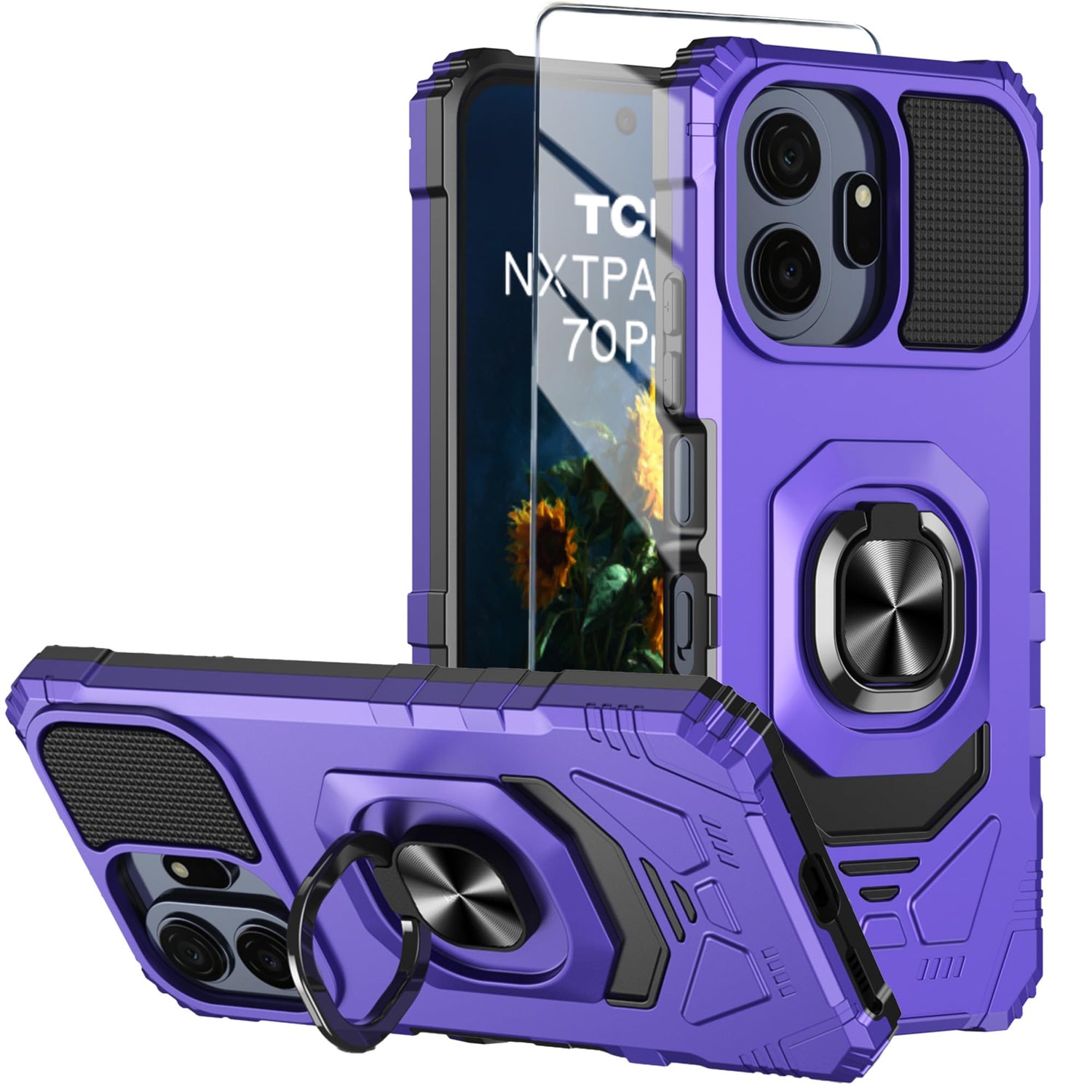 for TCL NXTPAPER 70 Pro Phone Case with Tempered Glass Screen Protector,Military Grade Heavy Duty Shockproof Protective Cover,with Ring Kickstand (Blue)