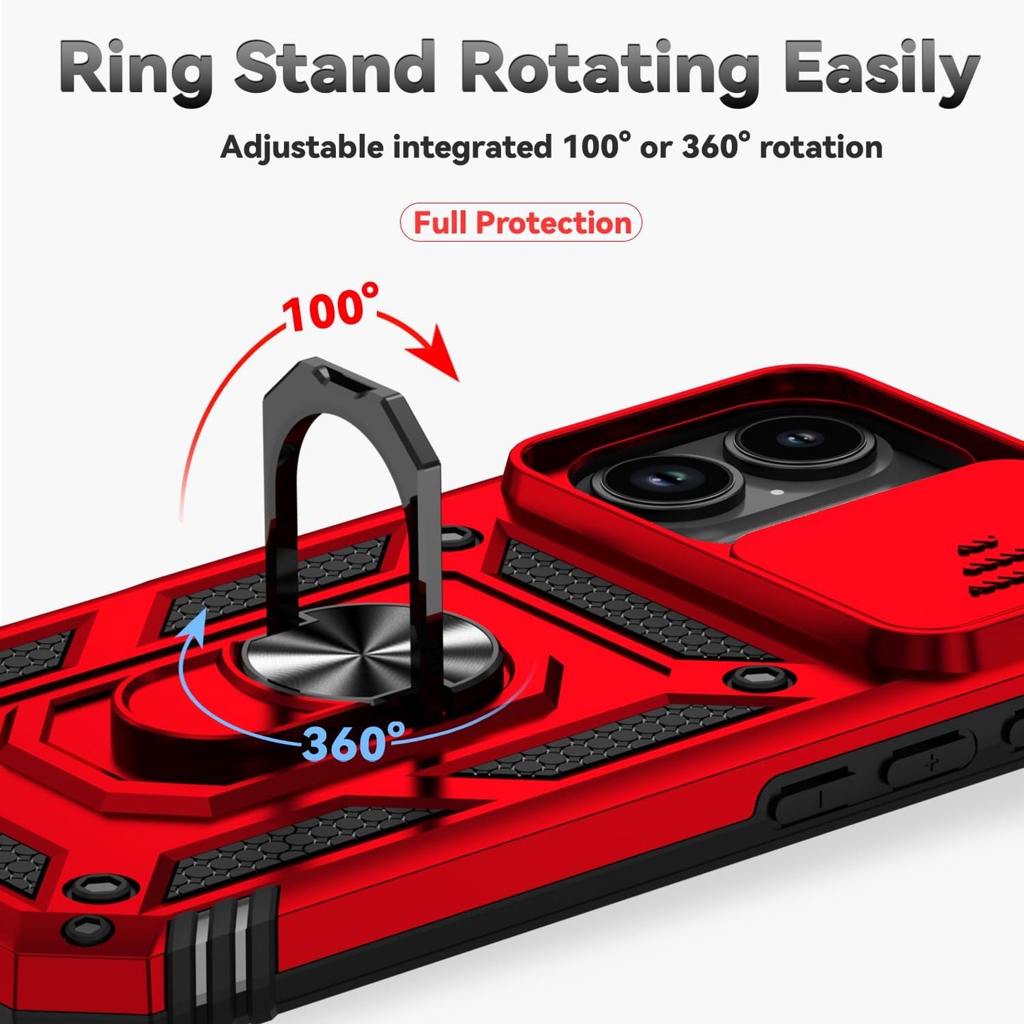 SunStory Compatible with iPhone 17 Case with HD Screen Protector & Slide Camera Cover & Rotated Ring Kickstand, [Military-Grade] iPhone Case for iPhone 17,Red