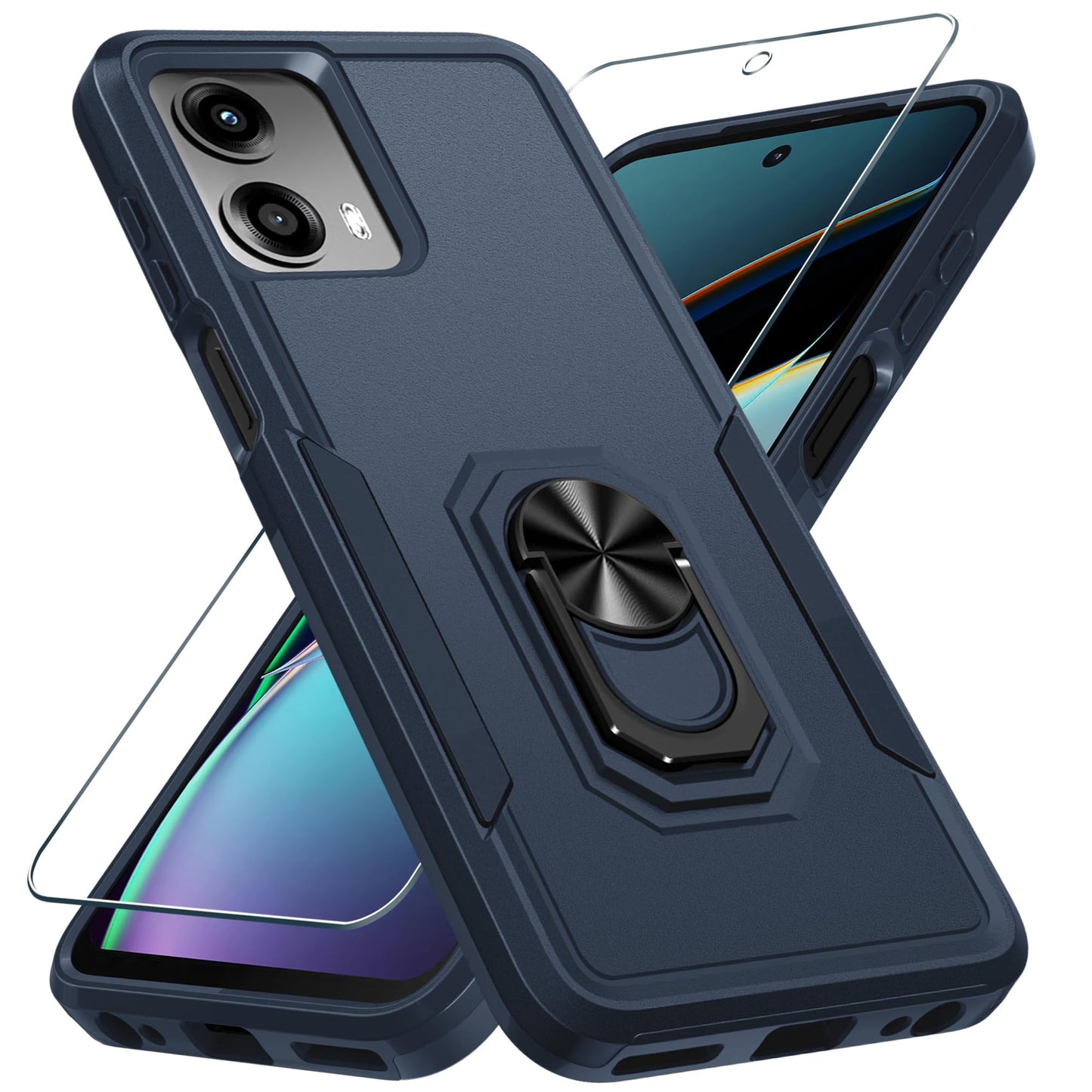 Janmitta for Motorola Moto G 2025 Case/Moto G 2026 Case with Screen Protector,Heavy Duty Shockproof Full Body Protective Cover Built in Rotatable Metal Holder for Moto-G-Play-2026,Black Matte