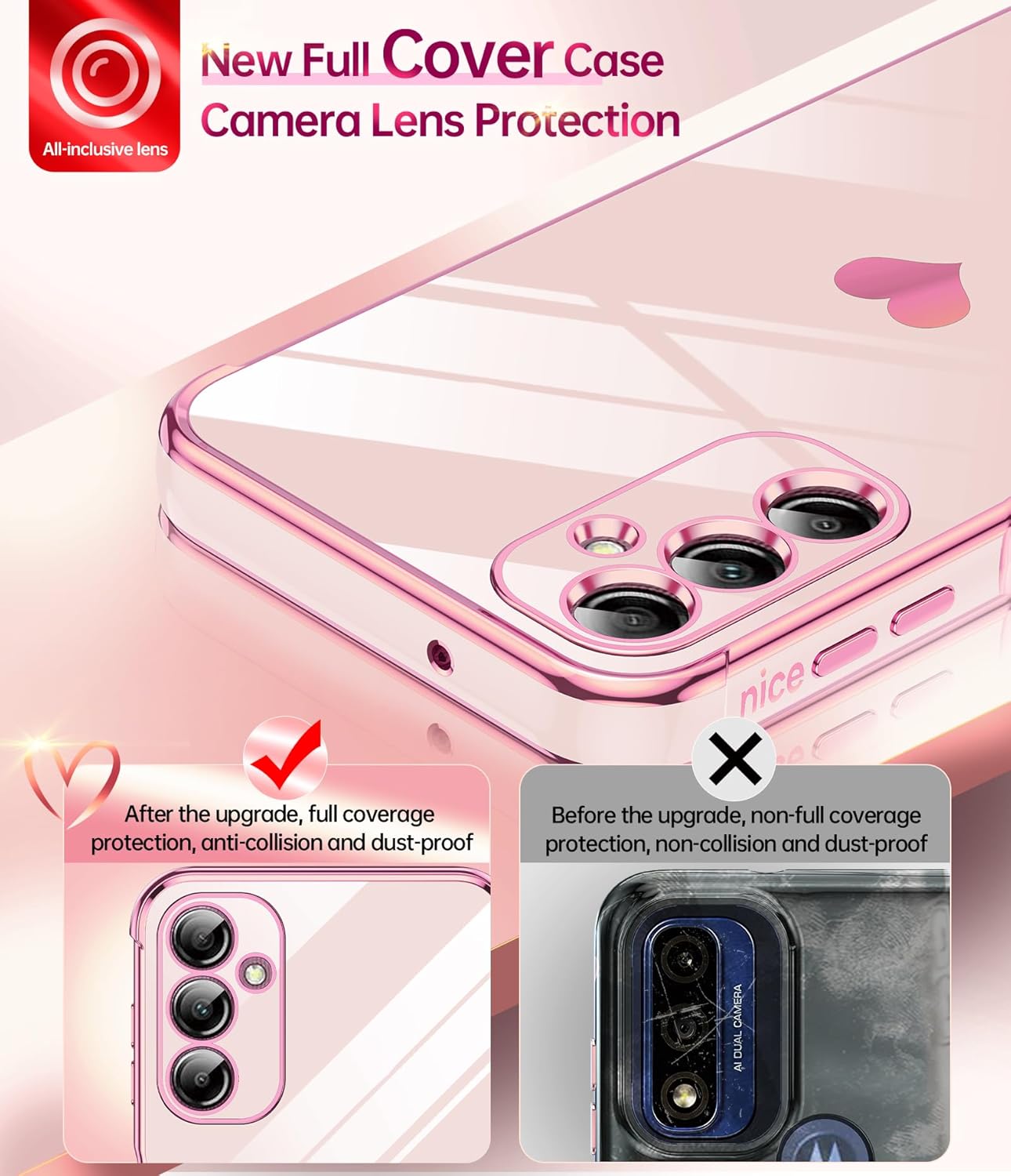 LeYi for Samsung Galaxy A14 5G Case: with Tempered Glass Screen Protector [2 Pcs]+ Full Camera Lens Protection, Love Heart Plating Girly Luxury Shockproof Case for A 14 5G, Pink