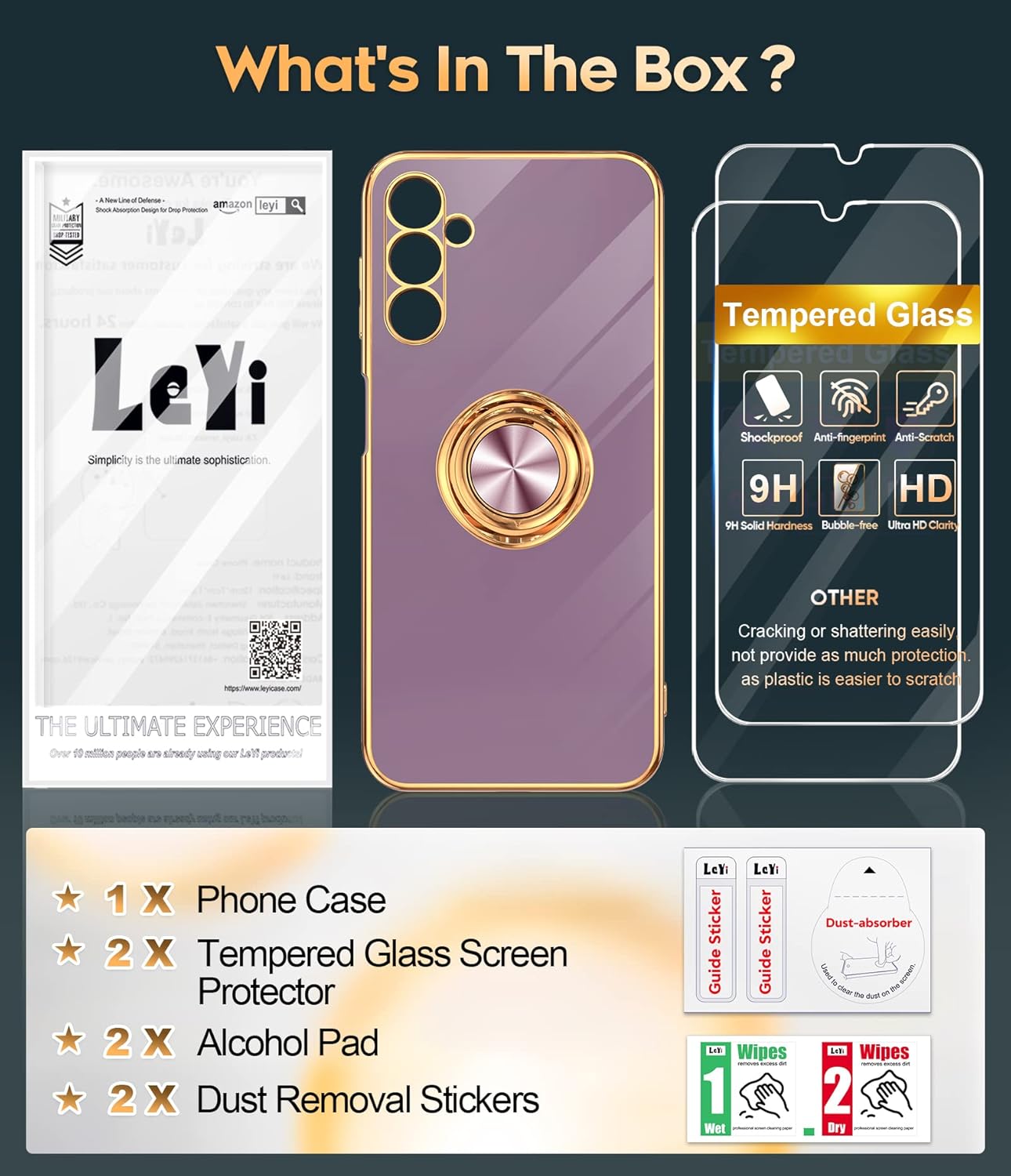 LeYi for Samsung Galaxy A14 5G Case with [2 Pack] Tempered Glass Screen Protector 360° Rotatable Ring Holder Magnetic Kickstand, Plating Rose Gold Edge Protective Case, Purple