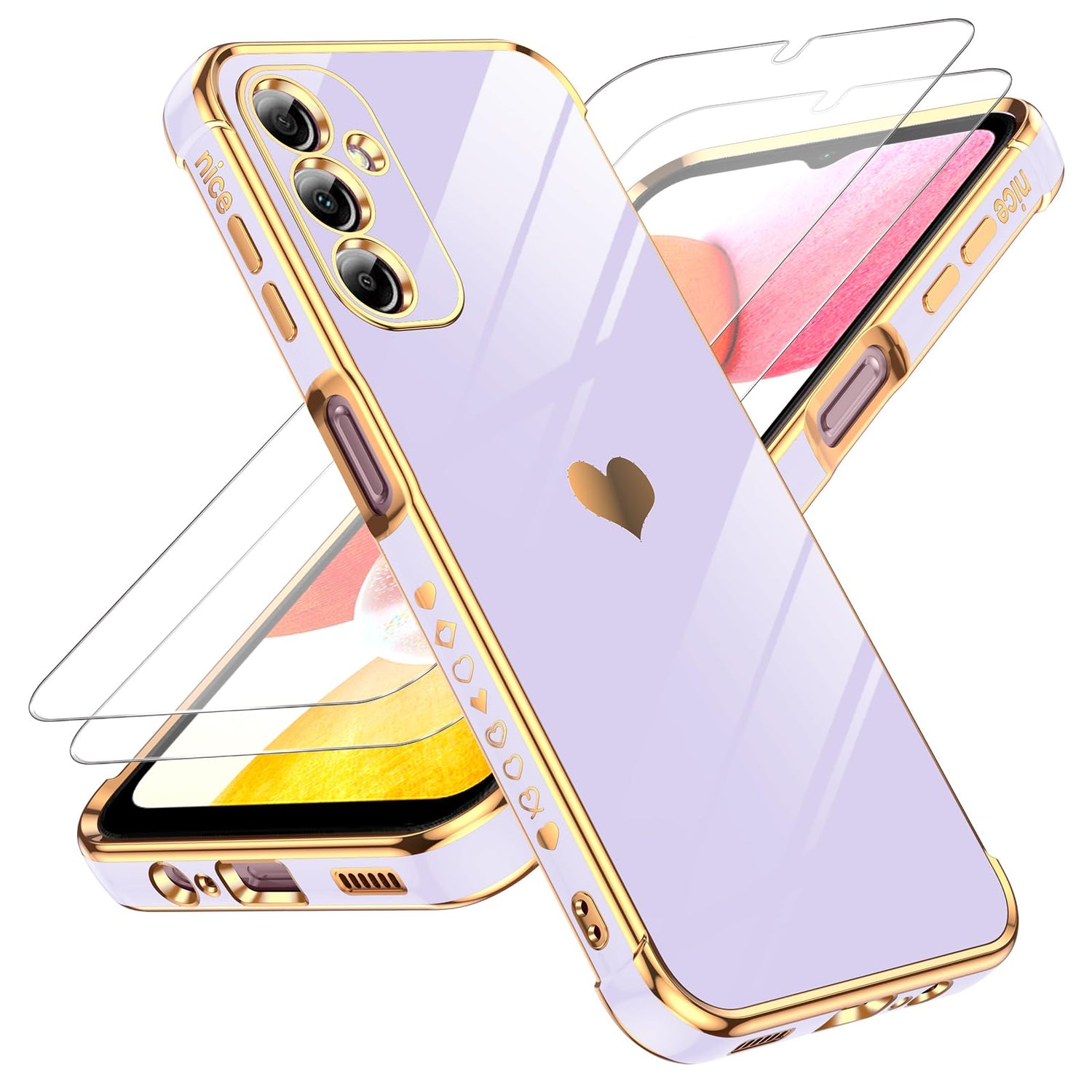 LeYi for Galaxy A16-5G Phone Case: Tempered Glass Screen Protector [2 Pcs]+ Full Camera Lens Protection,Love Heart Plating Luxury Shockproof Phone Case para Samsung A 16 5G Cute,Pink