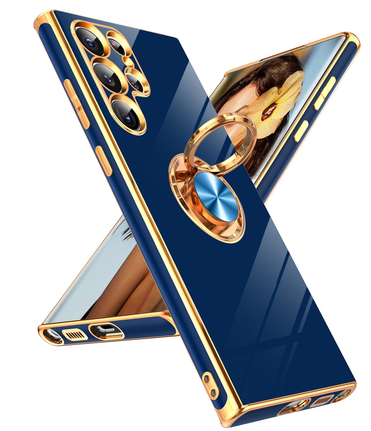 LeYi for Samsung A57 Case, 360°Magnetic Kickstand Rose Gold Plated Edge