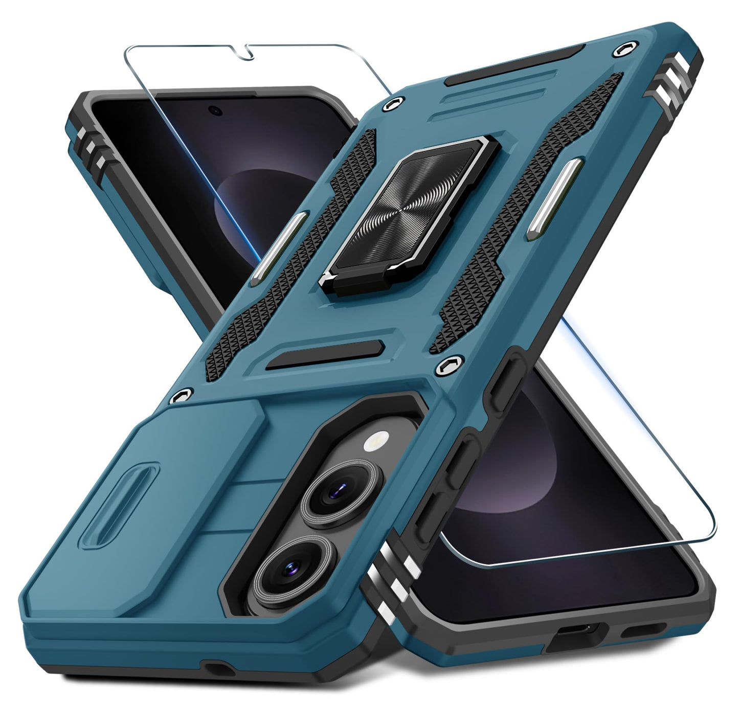 DEERLAMN Case for Samsung Galaxy A17 5G with Slide Camera Cover+Screen Protector (1 Pack), Rotated Ring Kickstand Military Grade Shockproof Protective Cover-Navy Blue