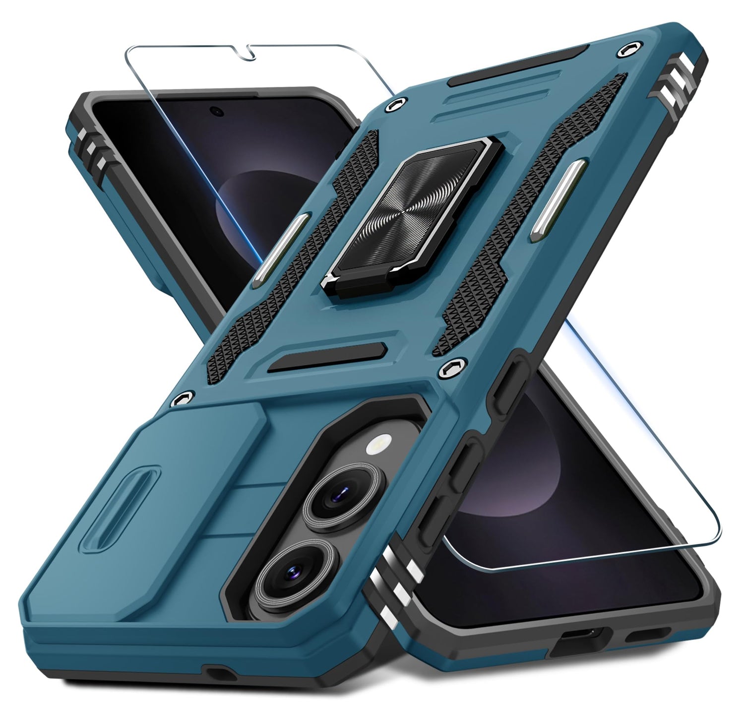 DEERLAMN Case for Samsung Galaxy A17 5G with Slide Camera Cover+Screen Protector (1 Pack), Rotated Ring Kickstand Military Grade Shockproof Protective Cover-Navy Blue