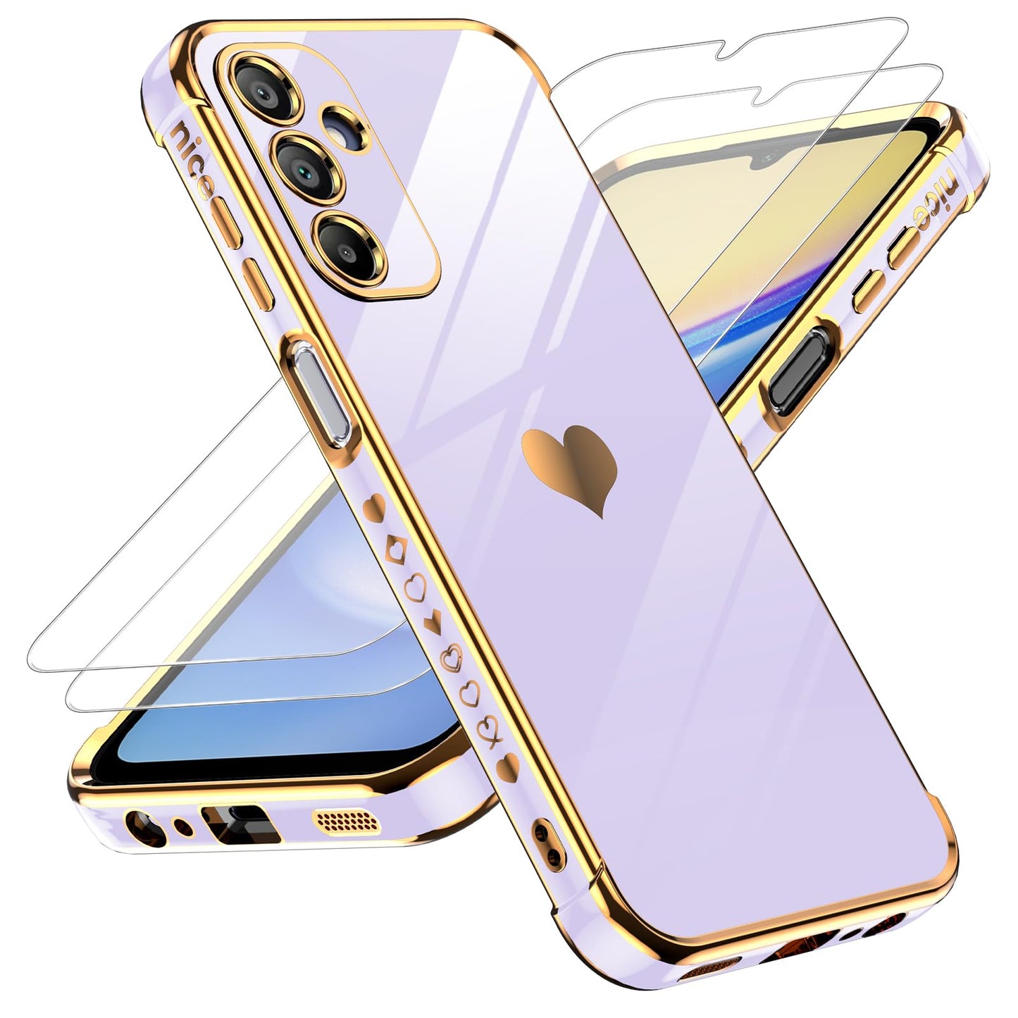 LeYi for Galaxy A16-5G Phone Case: Tempered Glass Screen Protector [2 Pcs]+ Full Camera Lens Protection,Love Heart Plating Luxury Shockproof Phone Case para Samsung A 16 5G Cute,Pink