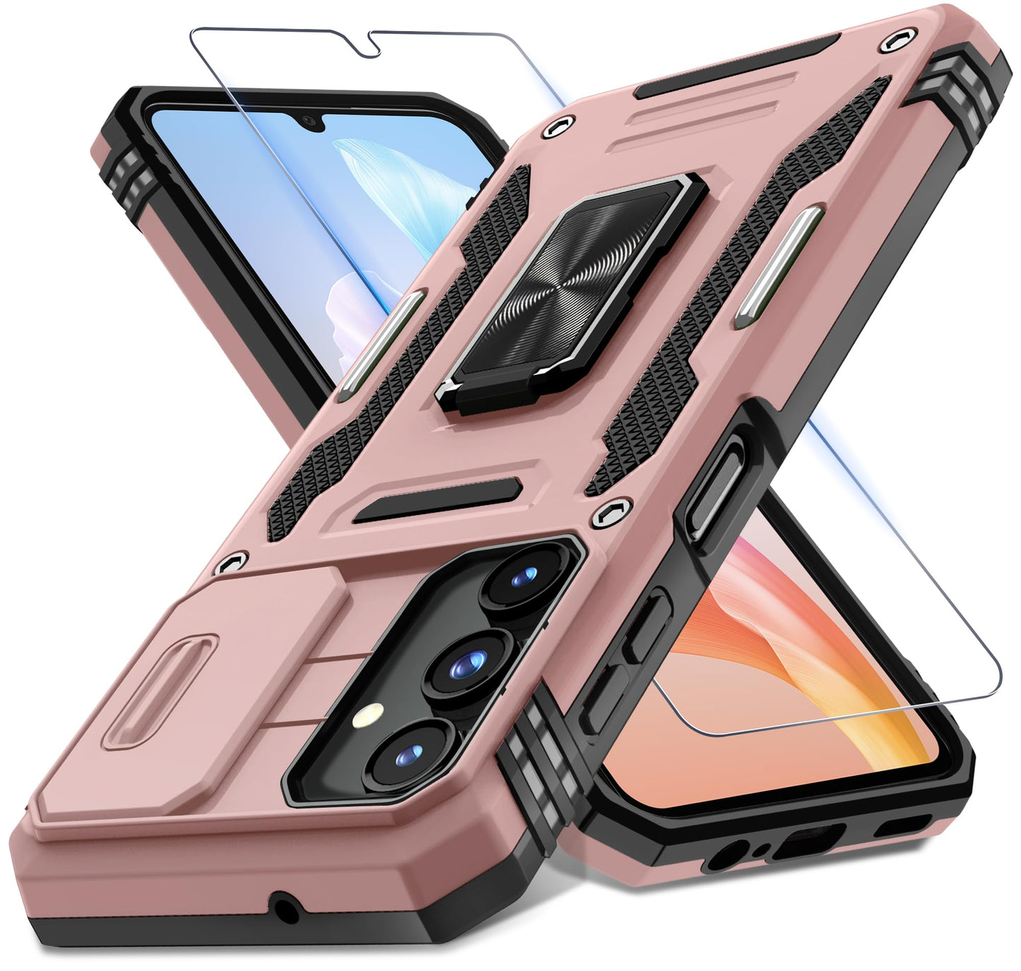 DEERLAMN Case for Samsung Galaxy A17 5G with Slide Camera Cover+Screen Protector (1 Pack), Rotated Ring Kickstand Military Grade Shockproof Protective Cover-Navy Blue