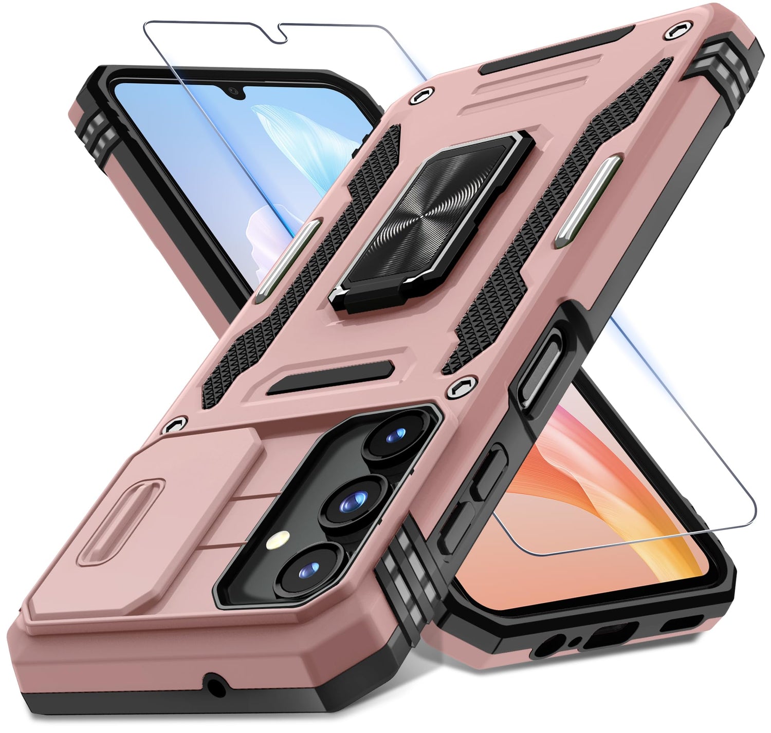 DEERLAMN Case for Samsung Galaxy A17 5G with Slide Camera Cover+Screen Protector (1 Pack), Rotated Ring Kickstand Military Grade Shockproof Protective Cover-Navy Blue