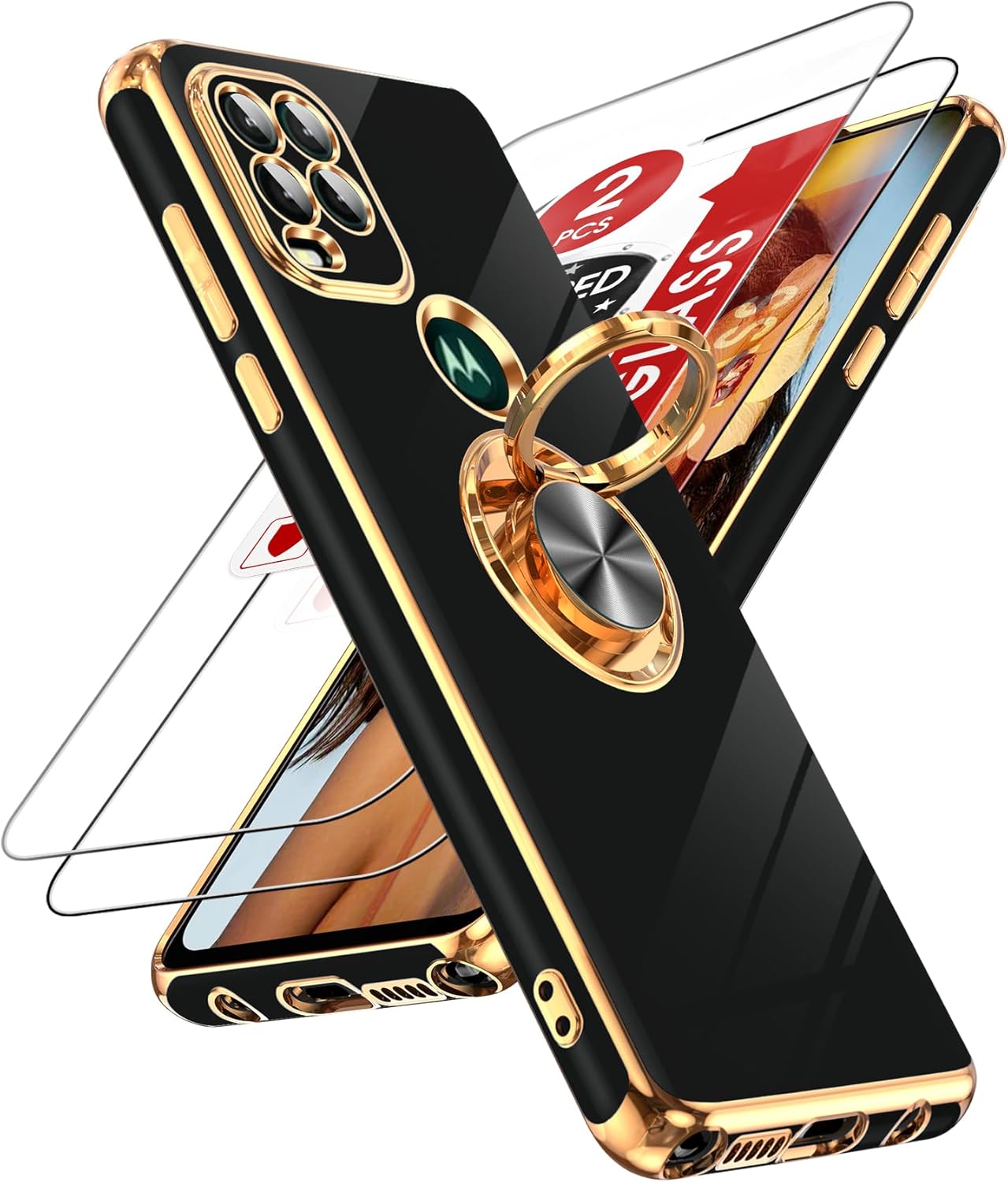 LeYi for Moto G Stylus 5G 2021 Case: with Tempered Glass Screen Protector [2 Pack] 360° Rotatable Ring Holder Magnetic Kickstand, Plating Rose Gold Edge Motorola G Stylus 5G 2021 Case, Black