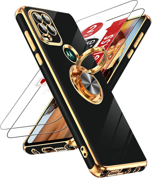 LeYi for Moto G Stylus 5G 2021 Case: with Tempered Glass Screen Protector [2 Pack] 360° Rotatable Ring Holder Magnetic Kickstand, Plating Rose Gold Edge Motorola G Stylus 5G 2021 Case, Black