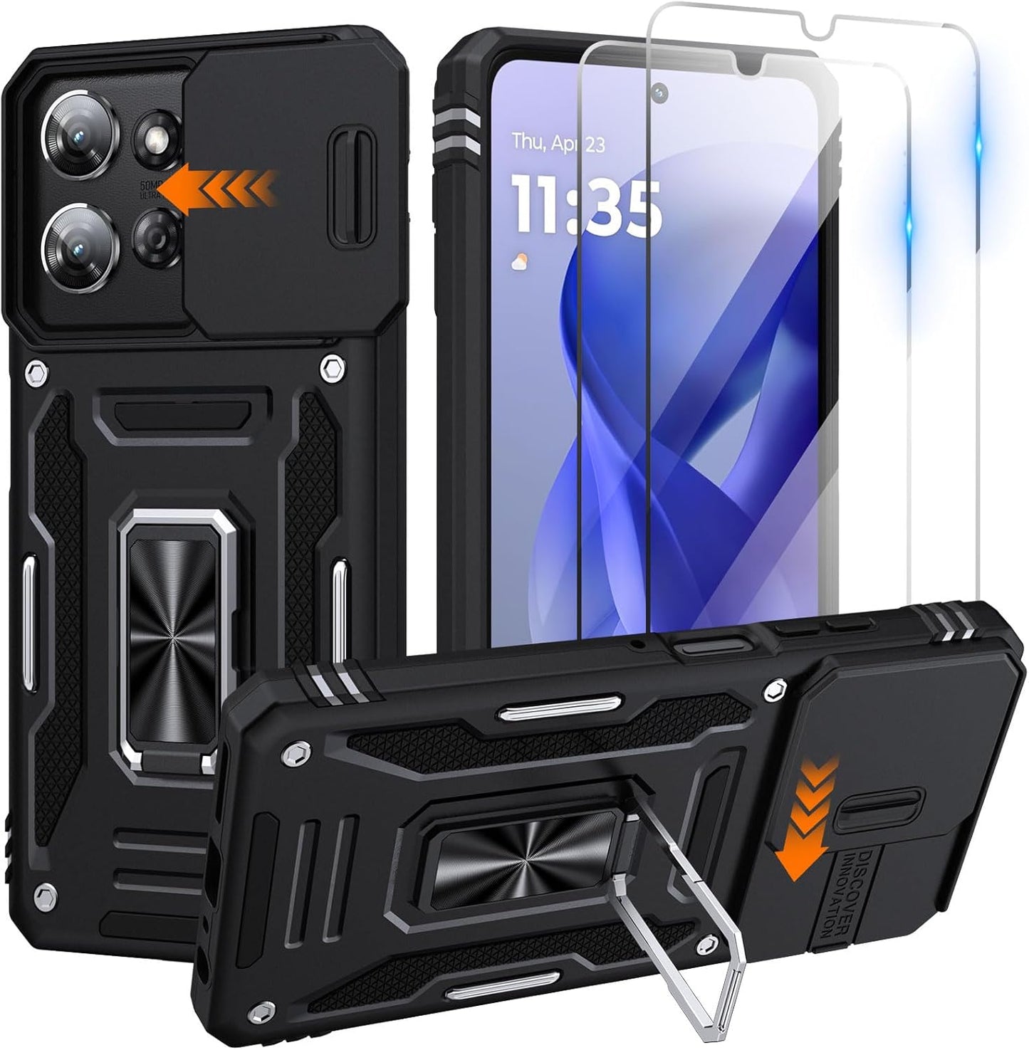 for Moto G Power 2025 Case/Moto G Power 2026 Case with 2 PCS HD Screen Protector, Slide Camera Cover Military Grade Drop Protection 360° Ring Holder Kickstand, Heavy Duty Shockproof, Black