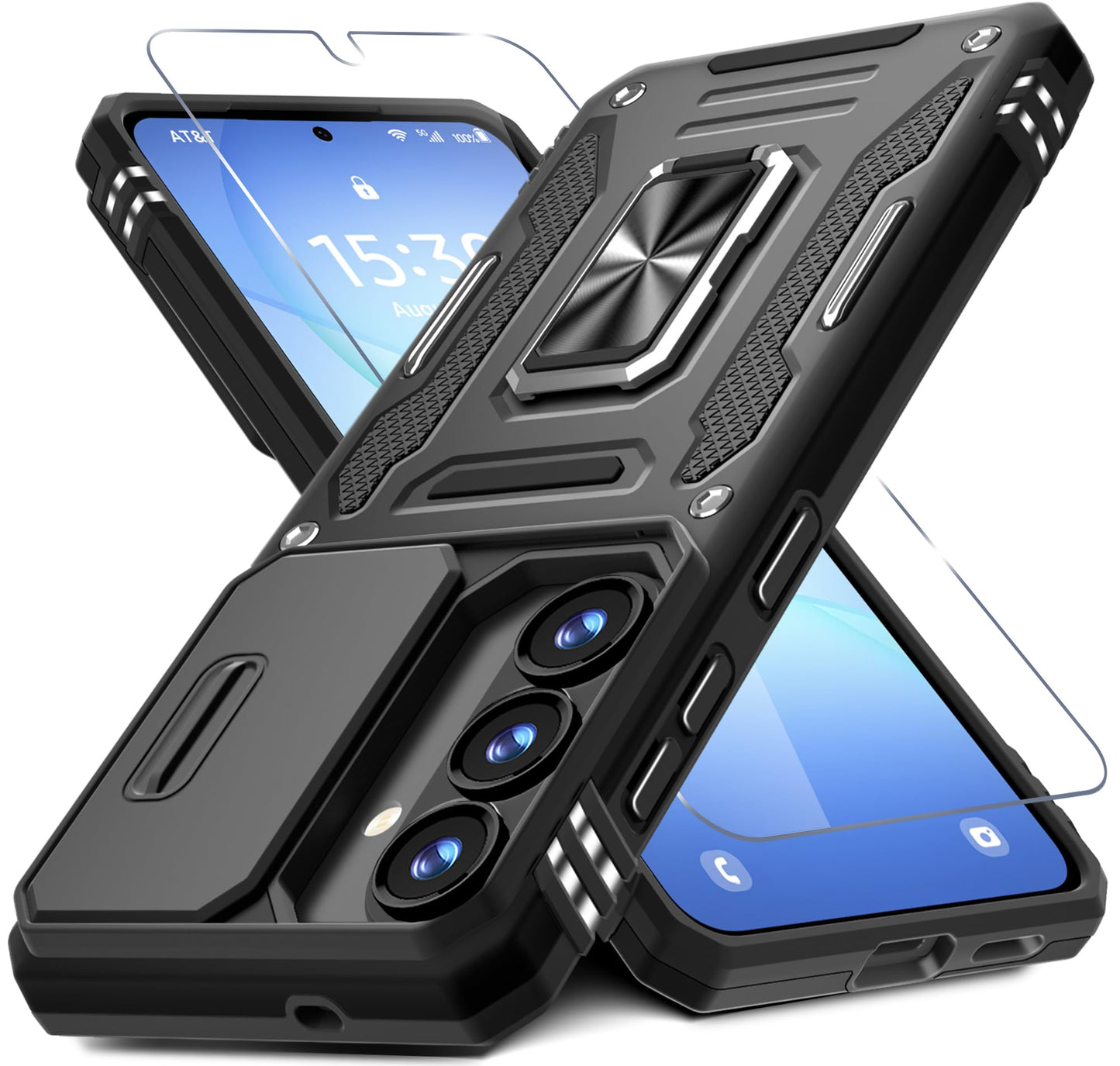DEERLAMN Case for Samsung Galaxy A17 5G with Slide Camera Cover+Screen Protector (1 Pack), Rotated Ring Kickstand Military Grade Shockproof Protective Cover-Navy Blue