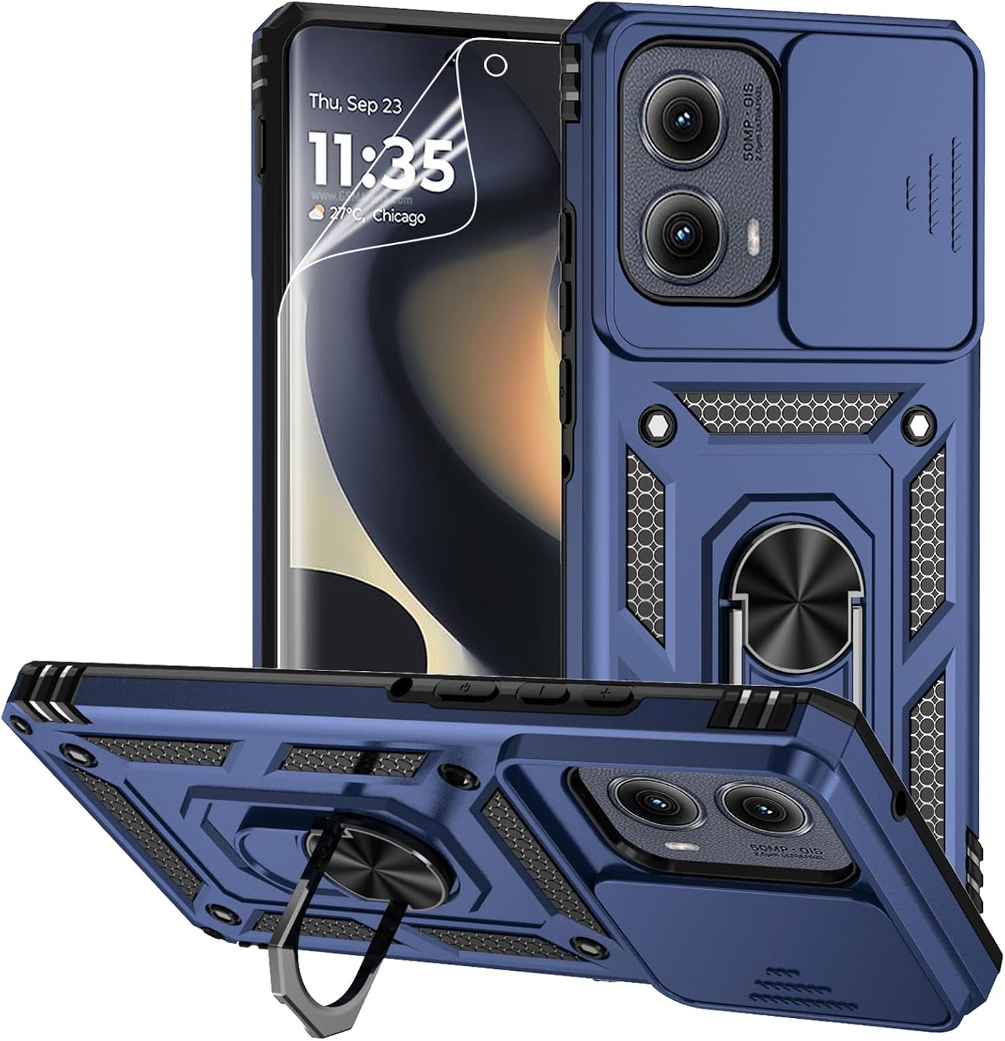 for Motorola Edge 2024 Case with Camera Lens Cover Screen Protector, Dual Layer Military-Grade Drop Tested Magnetic Ring Holder Kickstand Protective Phone Case for Motorola Moto Edge 2024 (Navy Blue)