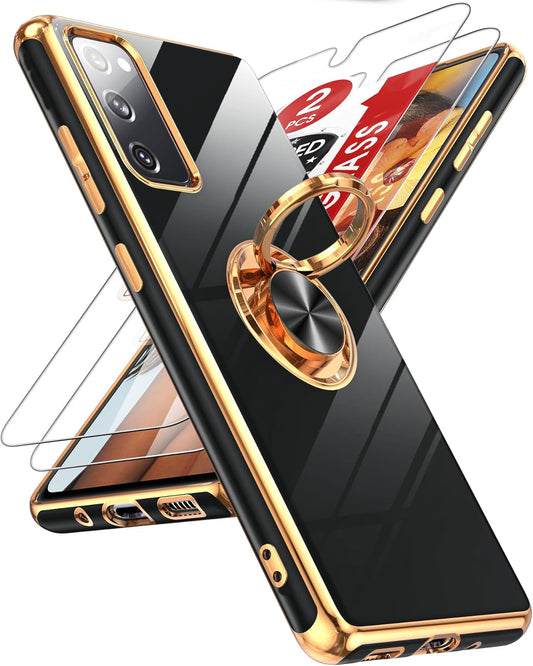 LeYi for Samsung Galaxy S20-FE-5G Case: S20FE/S 20FE Phone Case with Tempered Glass Screen Protector [2 Pack], Ring Holder Magnetic Kickstand, Plating Rose Gold Protective Case for Women Girls, Black