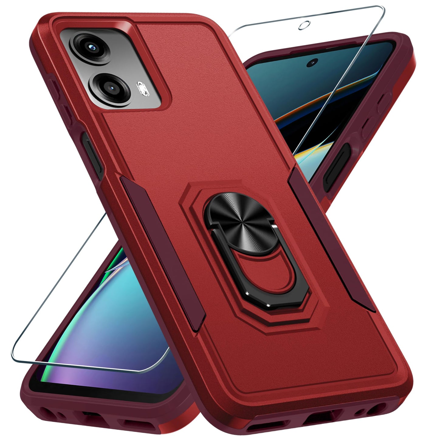 Janmitta for Motorola Moto G 2025 Case/Moto G 2026 Case with Screen Protector,Heavy Duty Shockproof Full Body Protective Cover Built in Rotatable Metal Holder for Moto-G-Play-2026,Black Matte