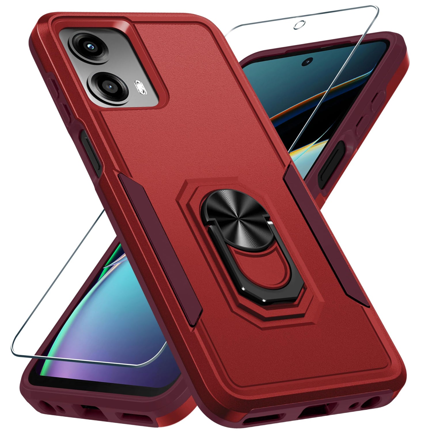 Janmitta for Motorola Moto G 2025 Case/Moto G 2026 Case with Screen Protector,Heavy Duty Shockproof Full Body Protective Cover Built in Rotatable Metal Holder for Moto-G-Play-2026,Black Matte