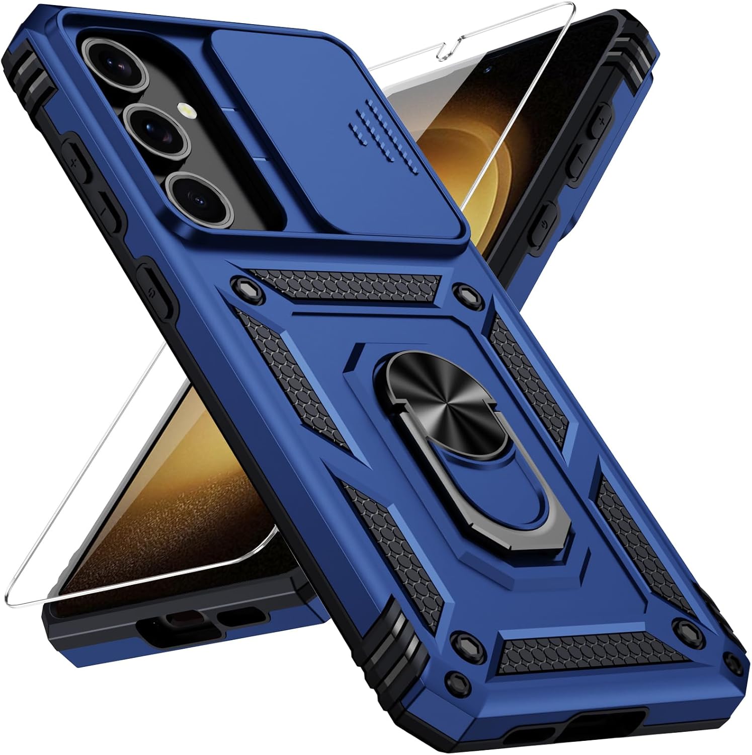 Weycolor for Samsung Galaxy S23 Plus Case with Camera Lens Cover, 10 FT Military Grade Drop Protection, Magnetic Ring Holder Kickstand Protective Phone Case, Navy Blue