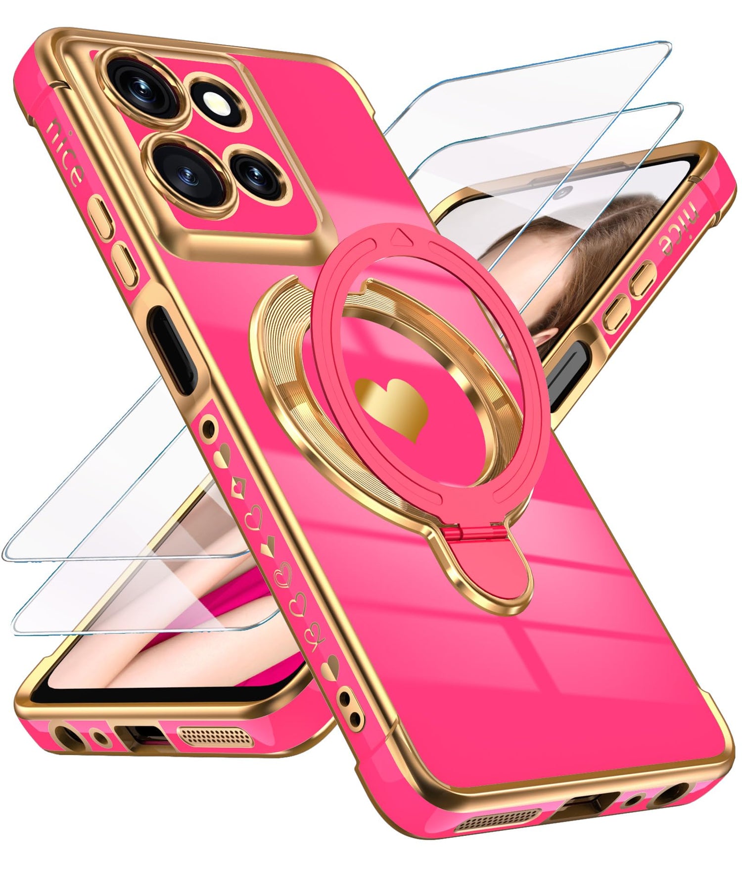for Motorola Moto G Power 5G 2025/2026 Phone Case with Screen Protector,Cute Love Heart,Ring Metal Kickstand,Plated Gold Edge Soft TPU Protection Cover for Moto G Power 2025/2026 (Pink)