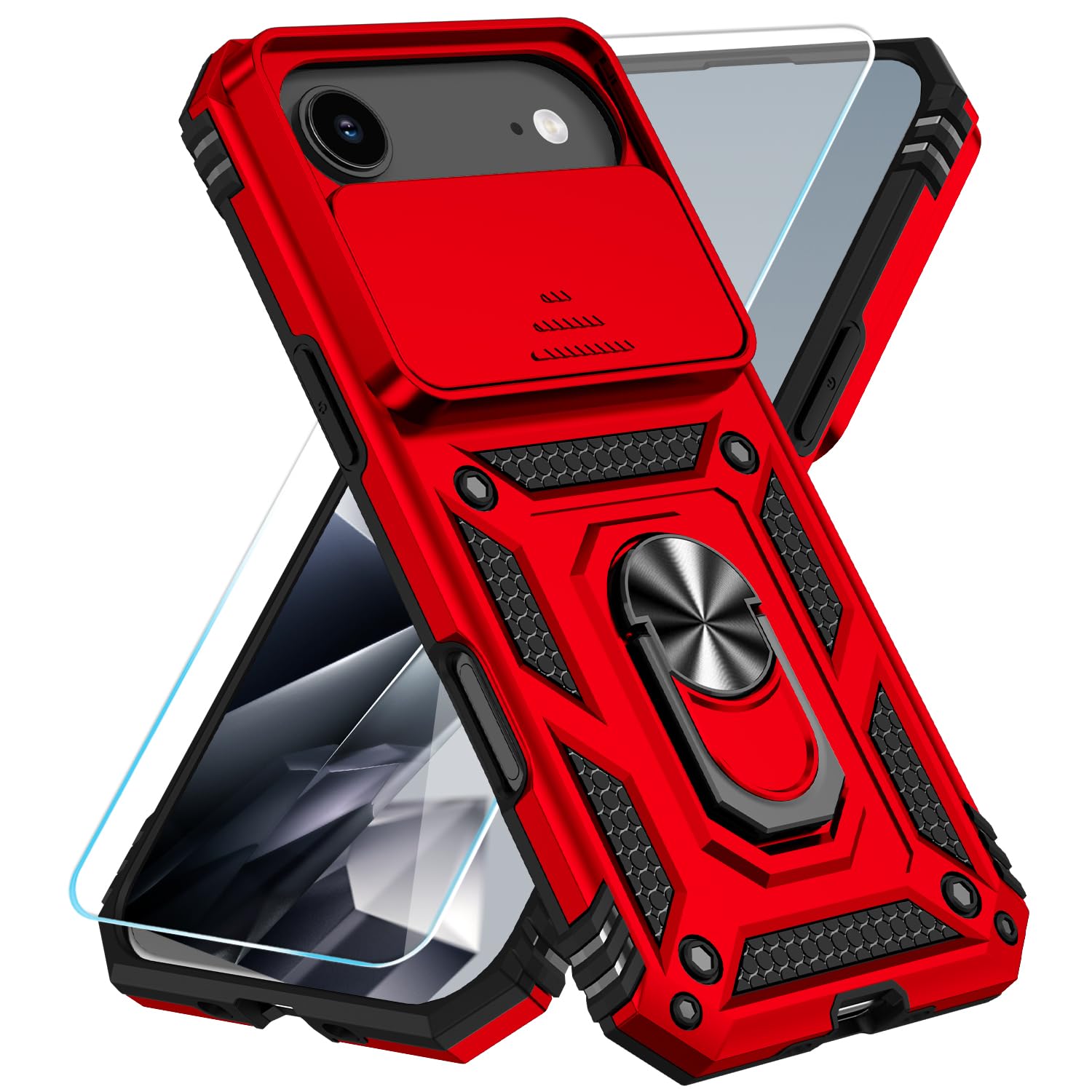 SunStory Compatible with iPhone 17 Case with HD Screen Protector & Slide Camera Cover & Rotated Ring Kickstand, [Military-Grade] iPhone Case for iPhone 17,Red