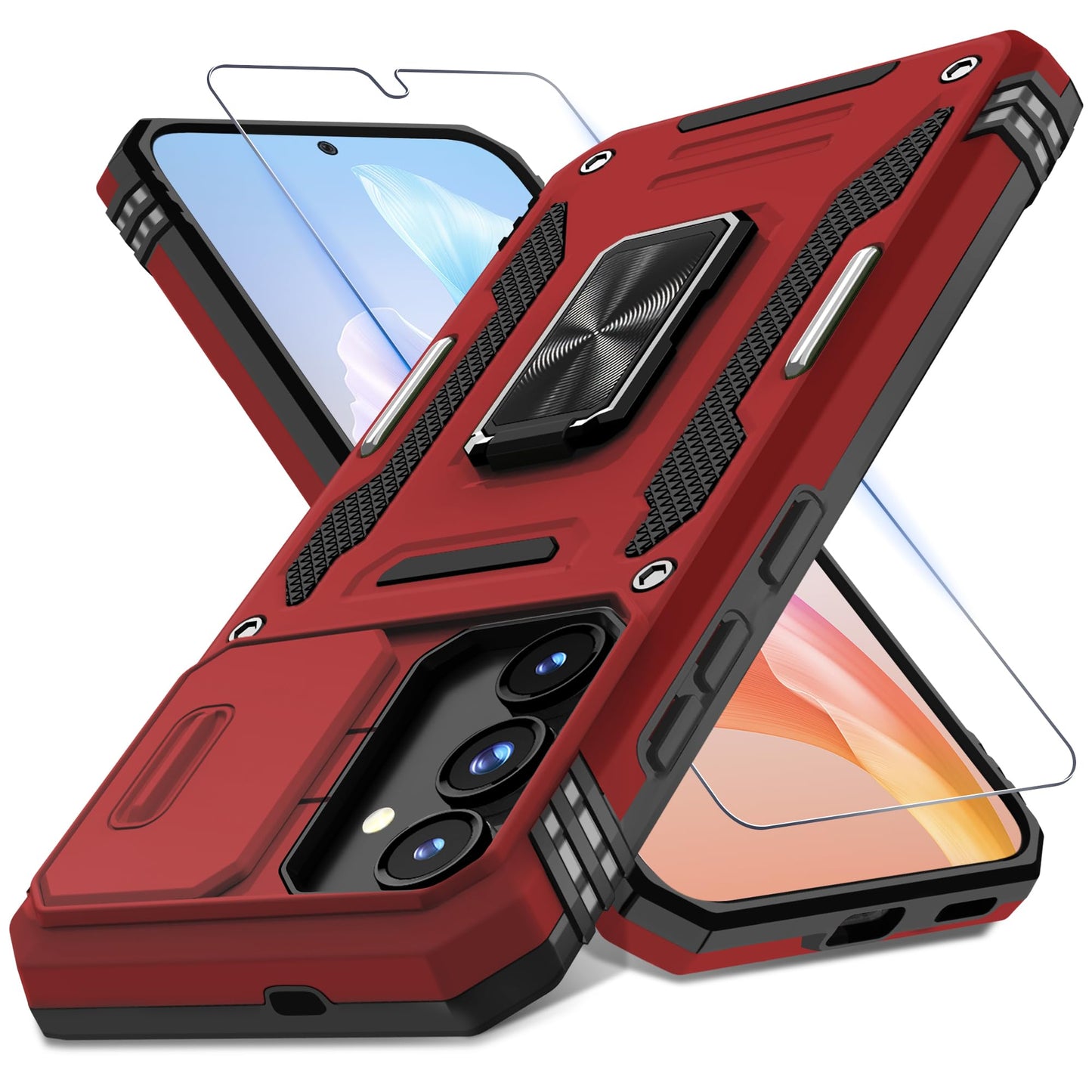 DEERLAMN Case for Samsung Galaxy S24 6.2-Inch with Slide Camera Cover+Screen Protector(1 Pack), Rotated Ring Kickstand Military Grade Shockproof Protective Cover-Black