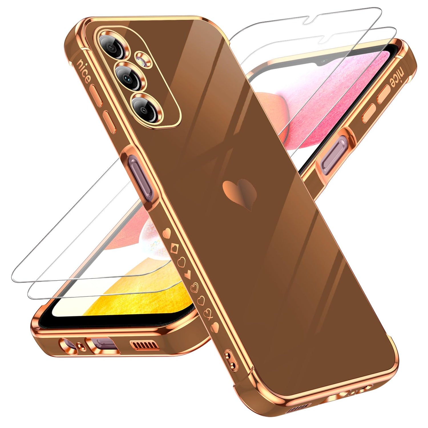 LeYi for Galaxy A16-5G Phone Case: Tempered Glass Screen Protector [2 Pcs]+ Full Camera Lens Protection,Love Heart Plating Luxury Shockproof Phone Case para Samsung A 16 5G Cute,Pink