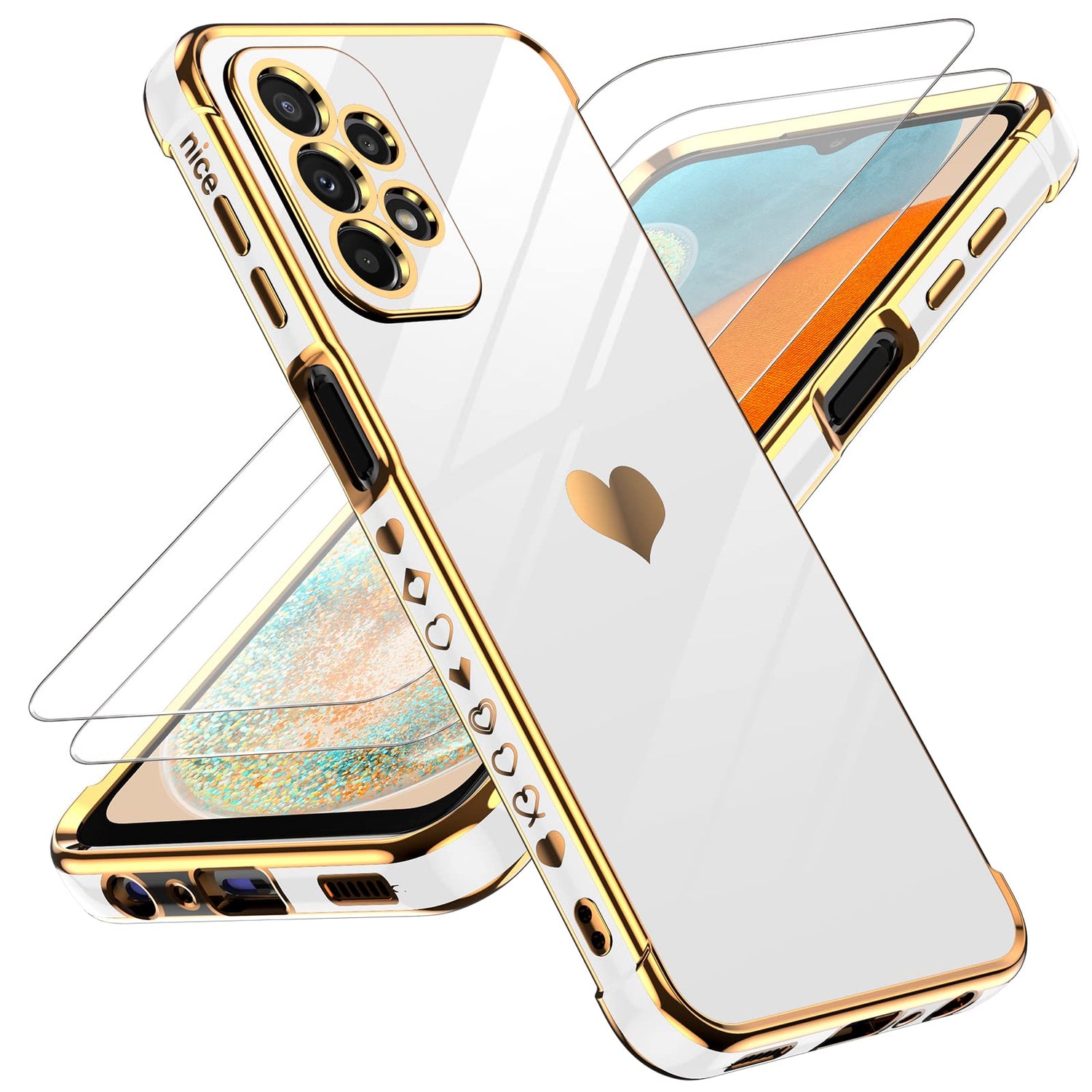 LeYi for Samsung Galaxy A25-5G Phone Case: with Tempered Glass Screen Protector [2 Pcs]+ Full Camera Lens Protection, Love Heart Plating Women Luxury Soft TPU Shockproof Case for Samsung A25 5G, Pink