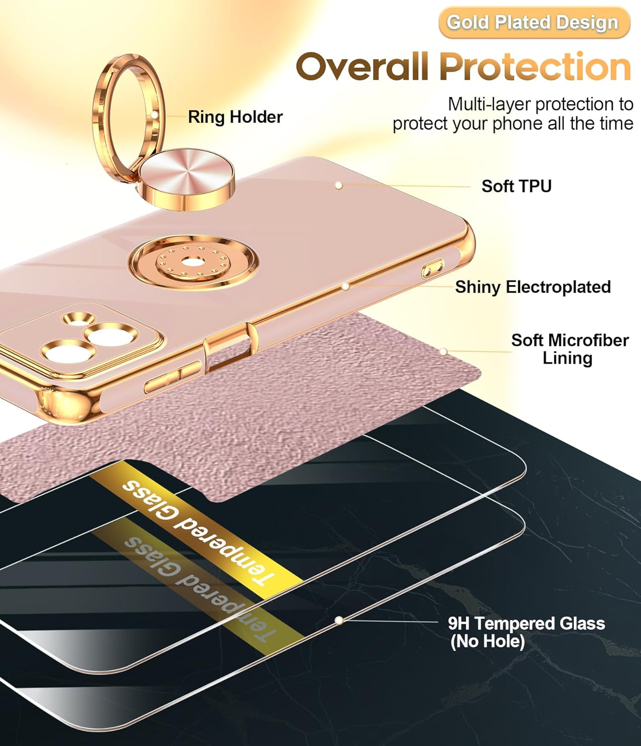 LeYi for Moto G Stylus 5G 2023 Phone Case: with Tempered Glass Screen Protector [2 Pack] 360° Rotatable Ring Holder Magnetic Kickstand, Plating Rose Gold Edge Motorola G Stylus 5G 2023 Case, Pink