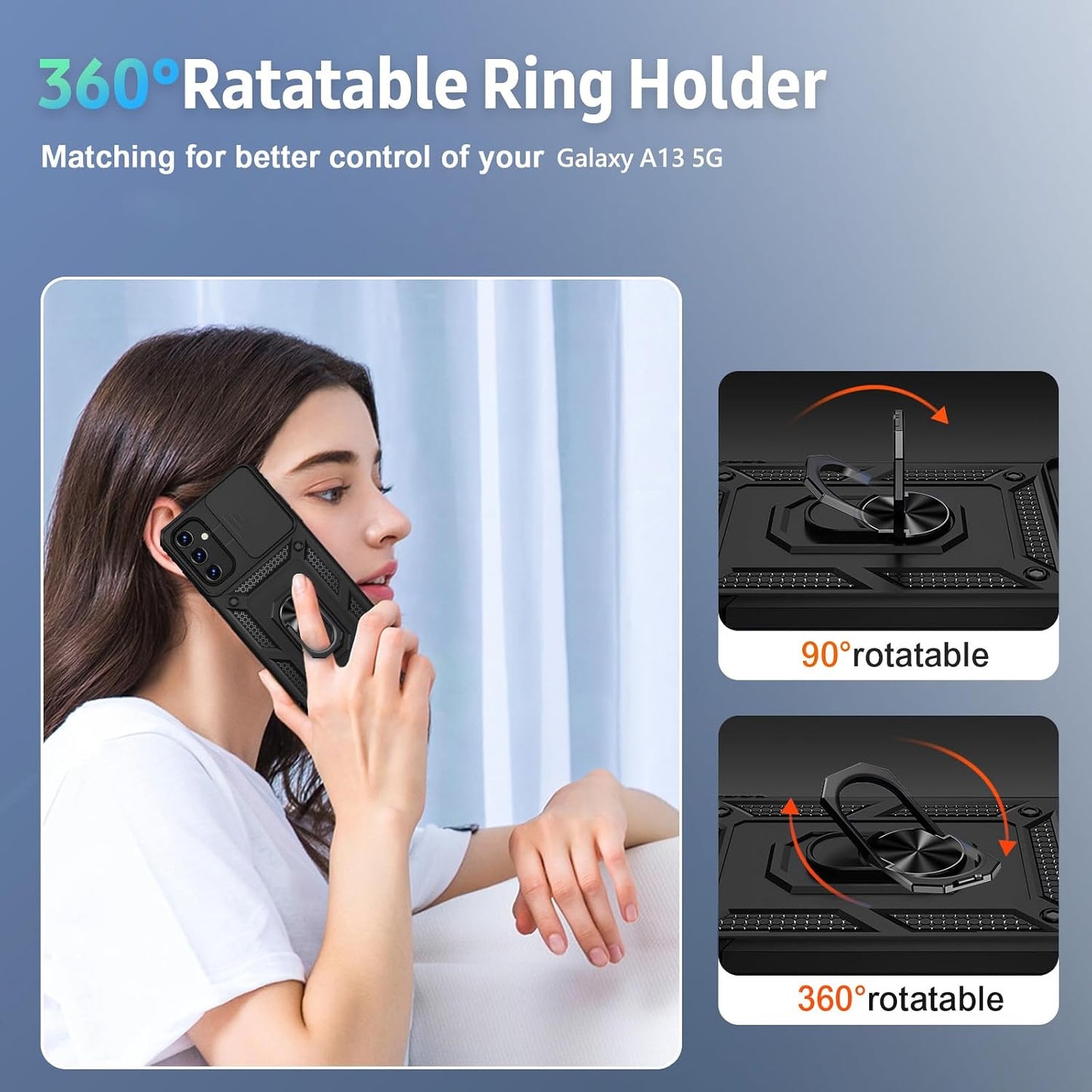 for Samsung Galaxy A25 5G Case with Camera Lens Cover, HD Screen Protector, 10 FT Military Grade Drop Protection, Magnetic Ring Holder Kickstand Protective Phone Case for Galaxy A25 5G,Black