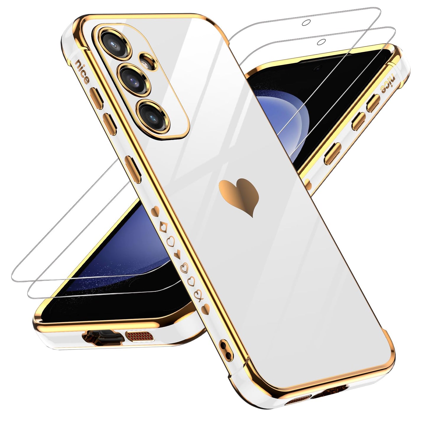 LeYi for Galaxy S23 FE Case: with Tempered Glass Screen Protector [2 Pcs]+ Full Camera Lens Protection, Love Heart Plating Women Cute Luxury Soft TPU Shockproof Case for Samsung S23FE 5G, Pink