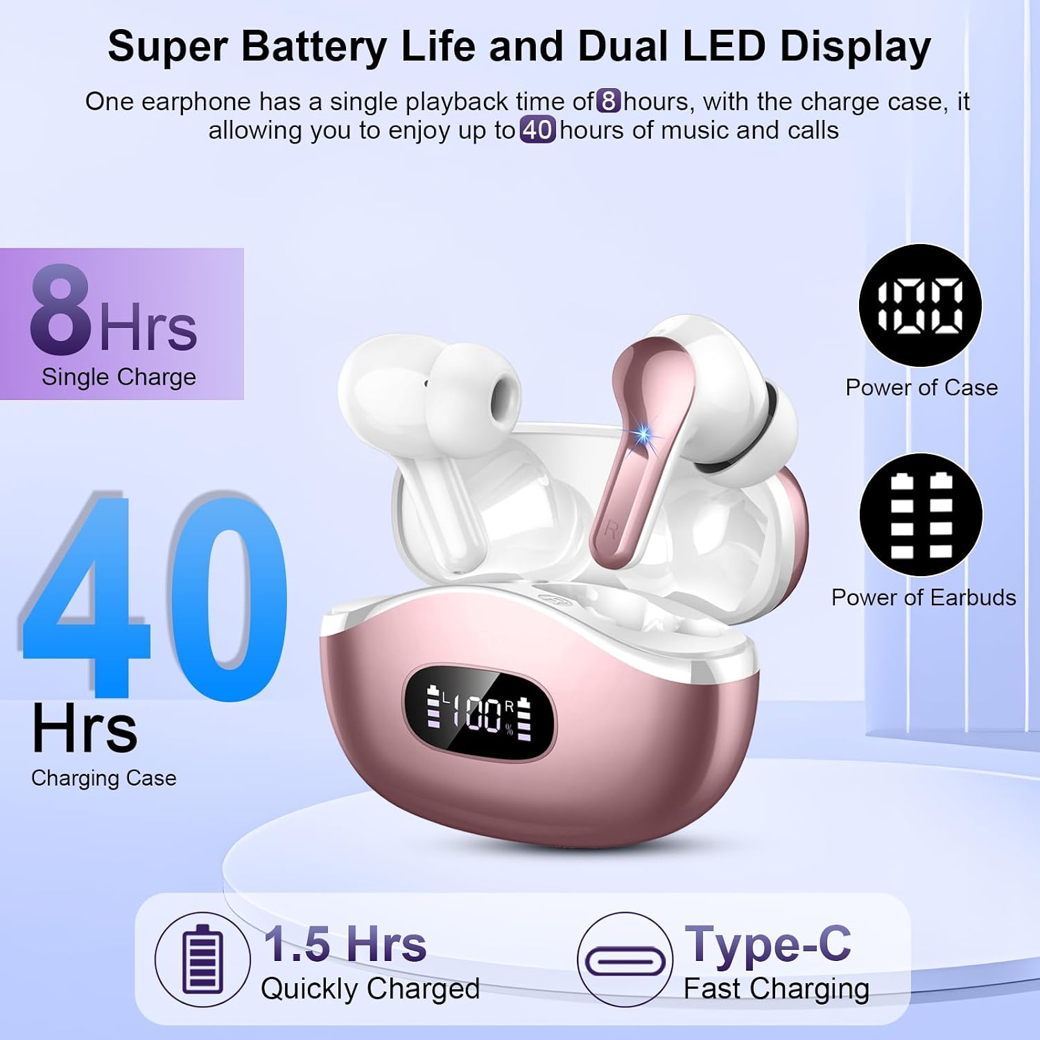 Wireless Earbuds, 48Hrs 2026 Bluetooth Headphones, Hi-Fi Stereo Deep Bass Ear Buds, ENC Noise Cancelling Mic, Clear Calls, IP-X7 Waterproof, USB Sport Earphone in Ear for Phones Laptop Pad, Rose Gold