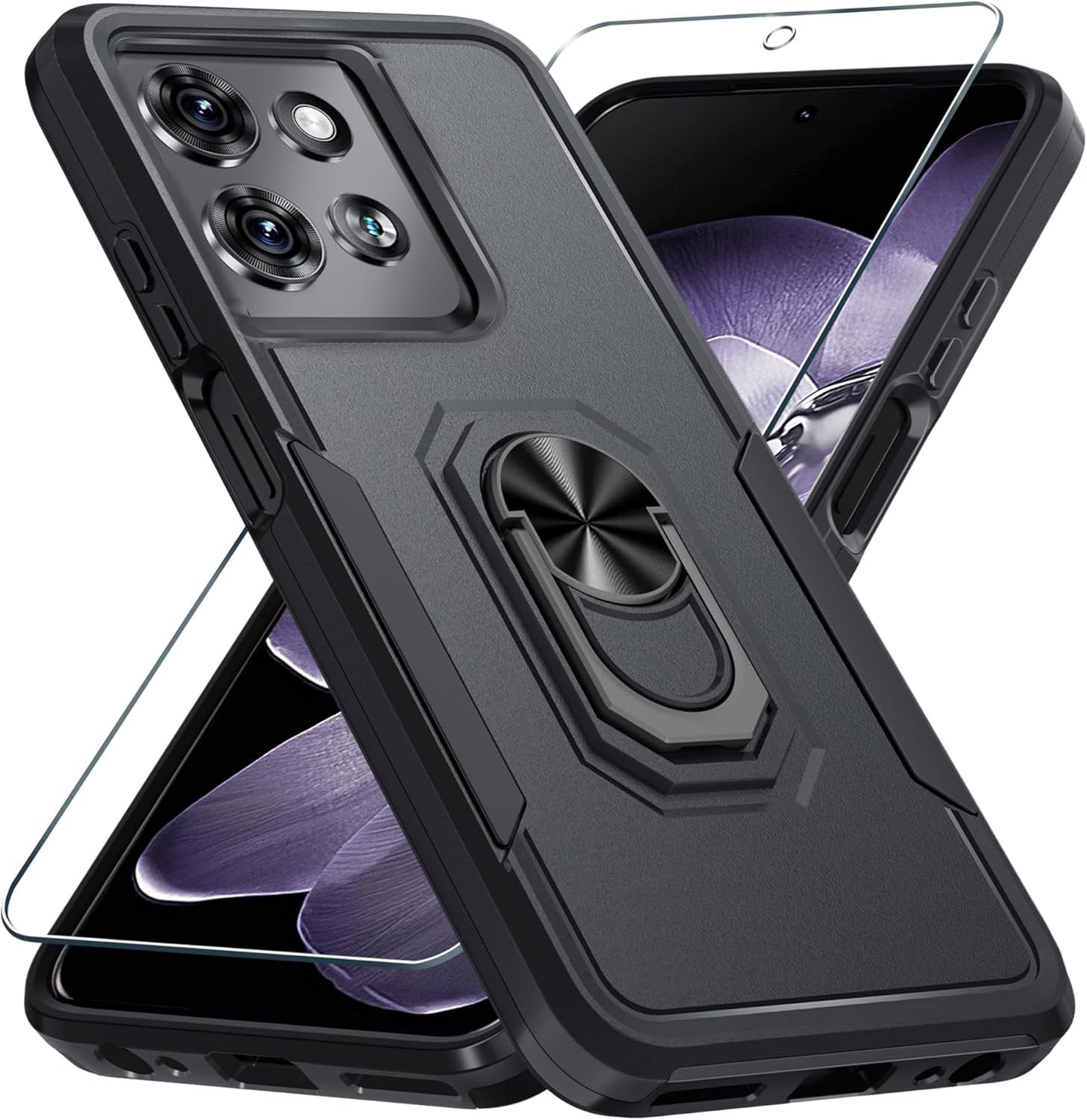Janmitta for Motorola Moto G 2025 Case/Moto G 2026 Case with Screen Protector,Heavy Duty Shockproof Full Body Protective Cover Built in Rotatable Metal Holder for Moto-G-Play-2026,Black Matte
