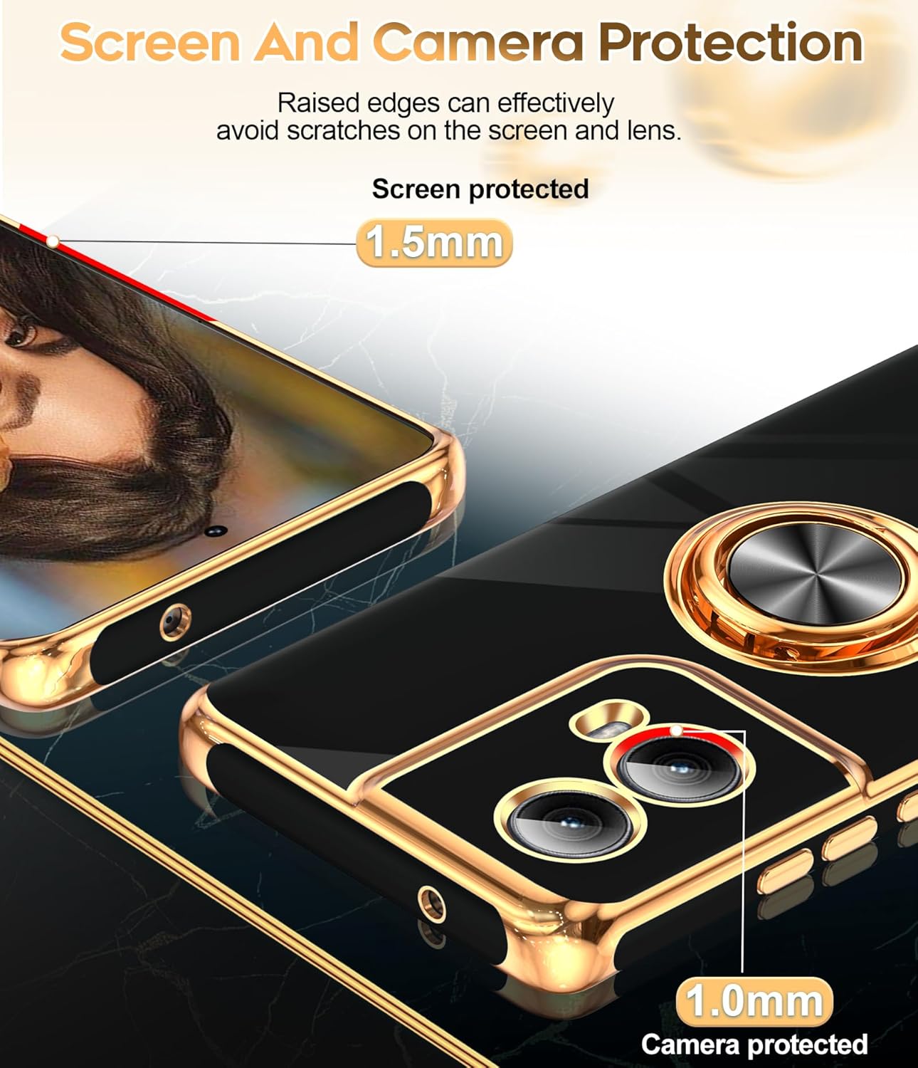 LeYi for Motorola-Edge-2024-Case: 【NOT FIT Edge 50/ G 5G 2024】 with 360° Rotatable Ring Holder Magnetic Kickstand, Plating Rose Gold Edge Protective for Motorola Moto Edge 5G 2024 Case, Black