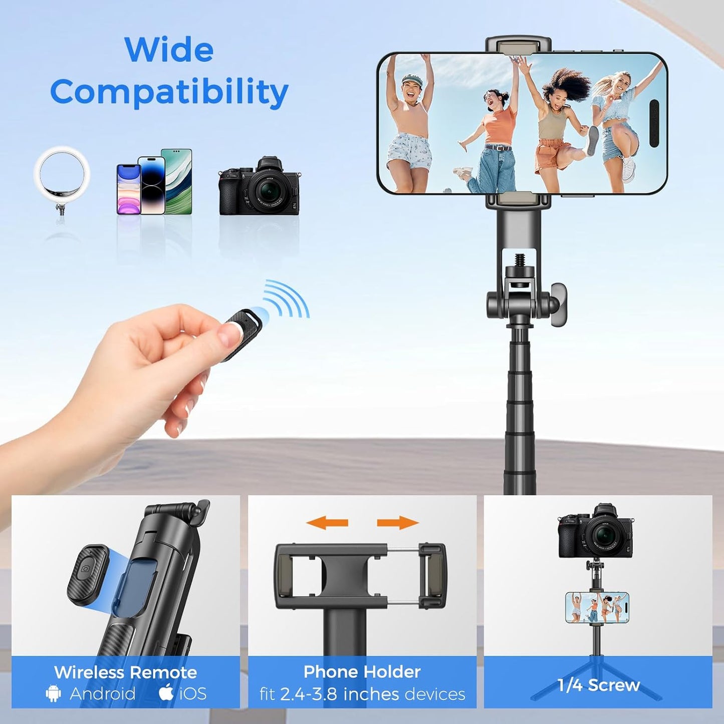 Selfie Stick Tripod for Phone with Remote Control & Holder, 50 Inch, Black | Extendable Selfie Stick Travel for iPhone, iPhone Tripod for Video Recording