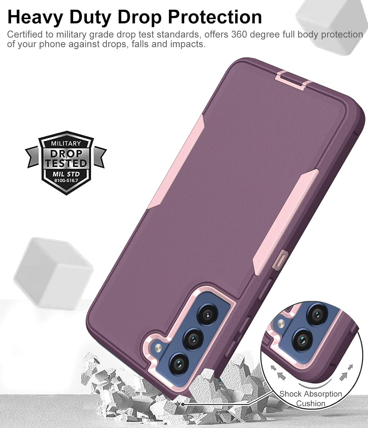 Dahkoiz for Samsung Galaxy S21 FE 5G Case, and Glass Screen Protector, Dust Proof Port Cover, Full Body Protection Durable Rubber Cover Phone Case, Purple