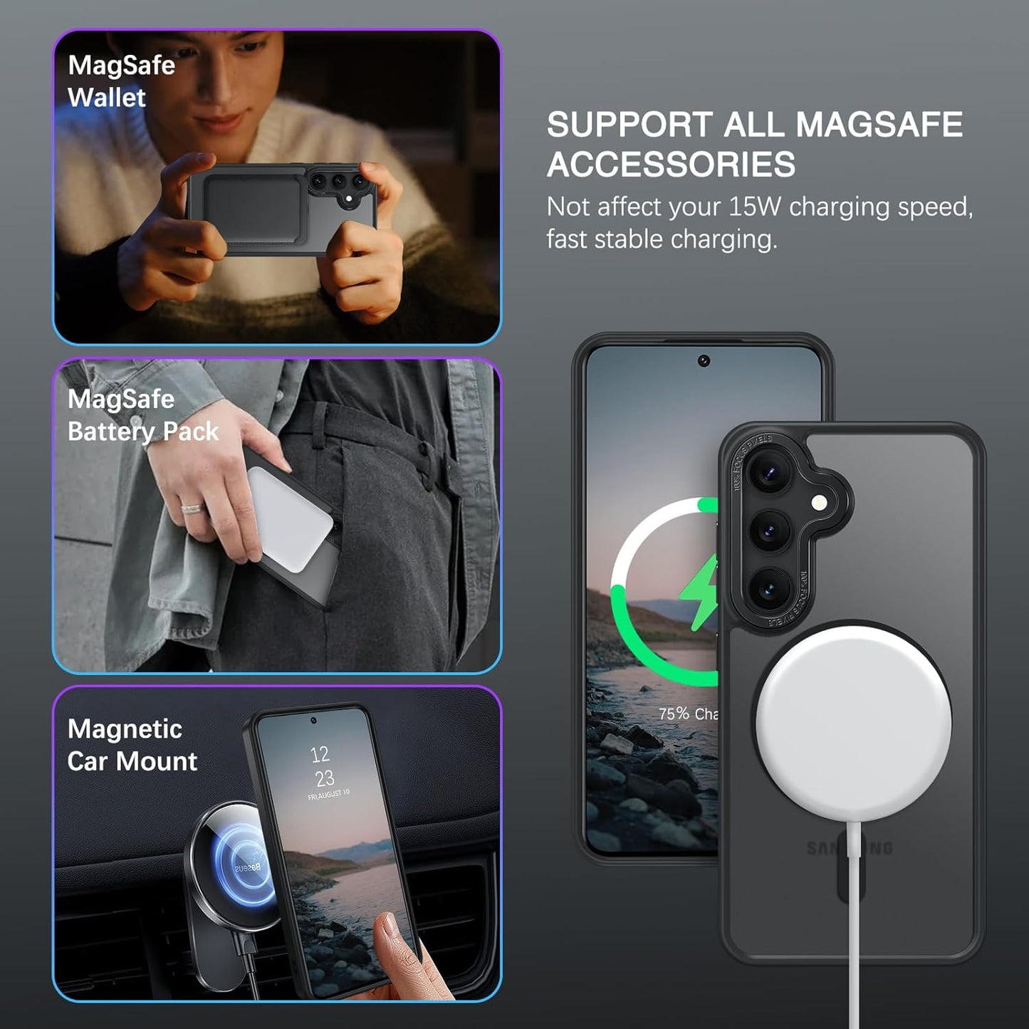 BENTOBEN Magnetic for Samsung Galaxy S24 Plus Case [Compatible with Magsafe] Translucent Matte Slim Thin Shockproof Anti-Yellow Women Men Protective Phone Cases Cover for Samsung S24 Plus 6.7", Black