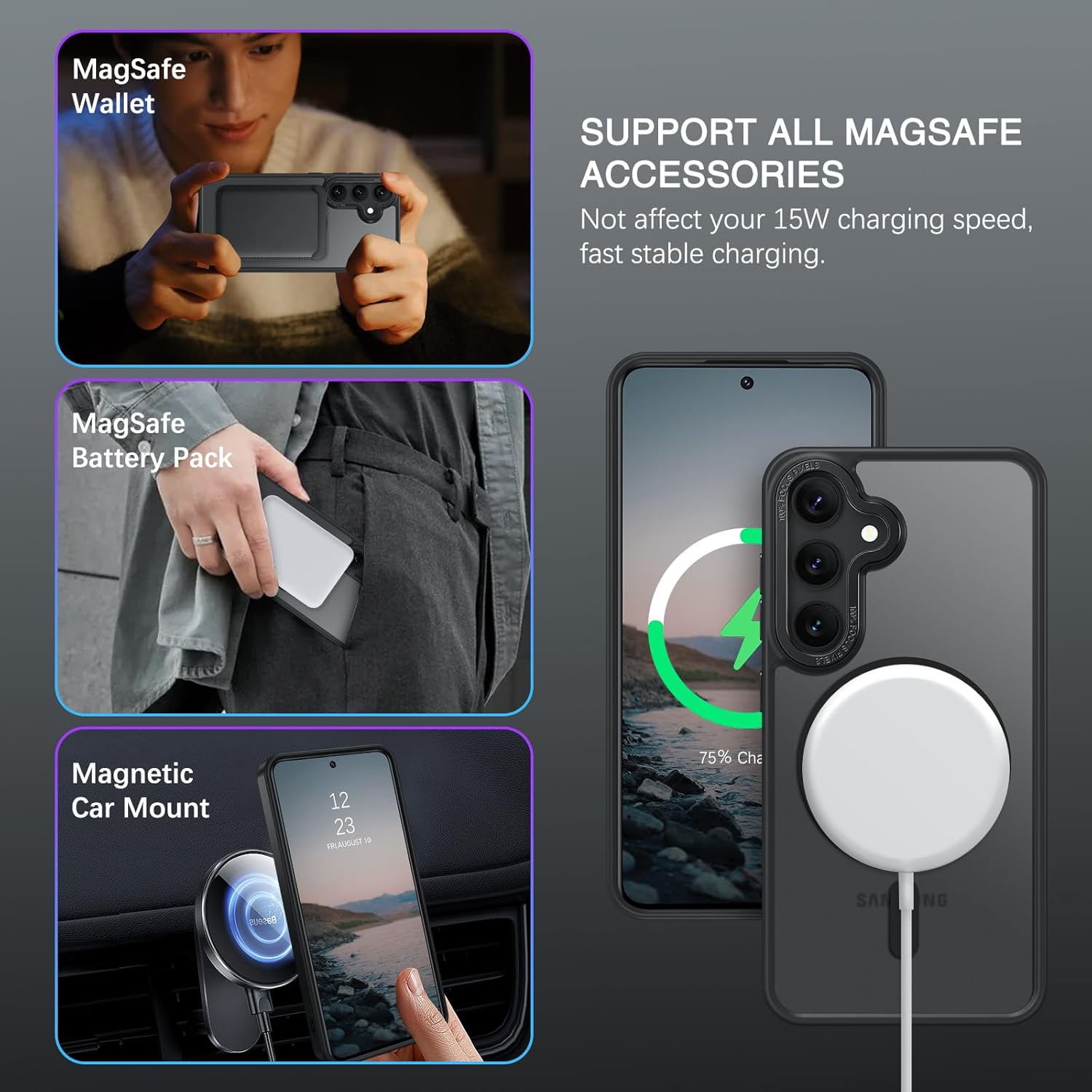 BENTOBEN Magnetic for Samsung Galaxy S24 Plus Case [Compatible with Magsafe] Translucent Matte Slim Thin Shockproof Anti-Yellow Women Men Protective Phone Cases Cover for Samsung S24 Plus 6.7", Black