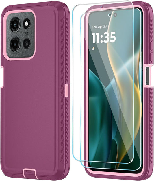 Qinmay Phone Case for Motorola Moto G 5G 2025/Moto G Play 5G 2025 Case with HD Screen Protector, Heavy Duty Shockproof & Dropproof 3-Layer Cover Phone Case,WineRedPink