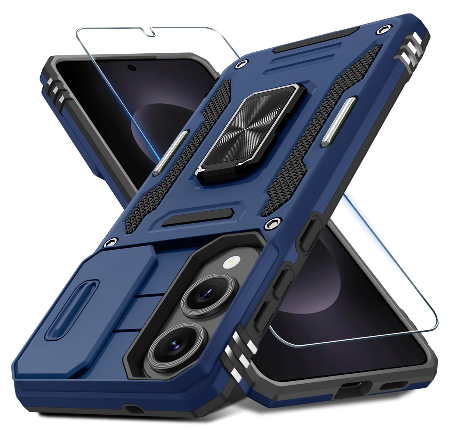 DEERLAMN Case for Samsung Galaxy A17 5G with Slide Camera Cover+Screen Protector (1 Pack), Rotated Ring Kickstand Military Grade Shockproof Protective Cover-Navy Blue