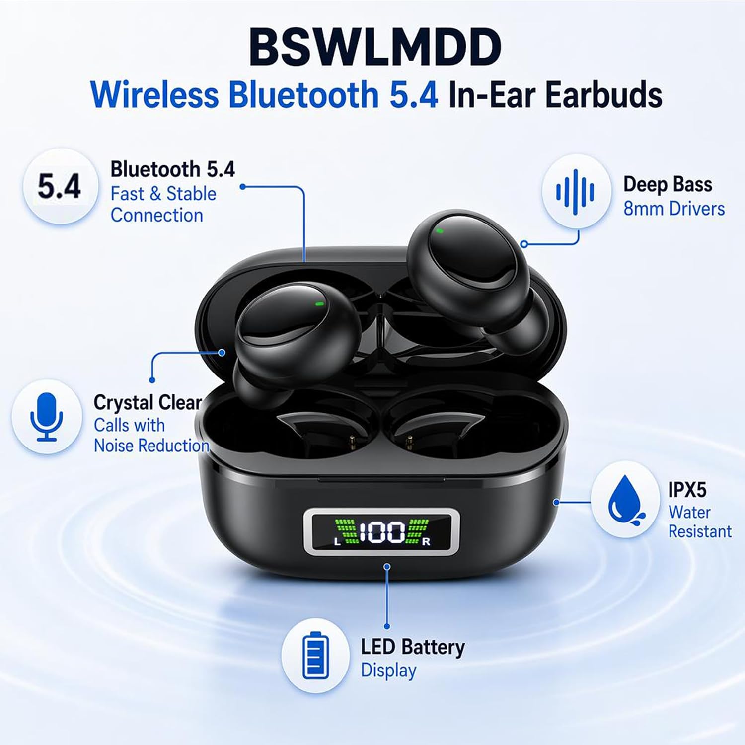 Wireless Bluetooth 5.4 Small in-Ear Headphones, Hi-Fi Stereo Sound